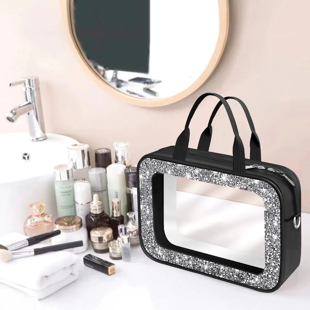 Meetart Trousse de toilette de voyage en cuir avec strass écrasés, Noir diamant, Tendance