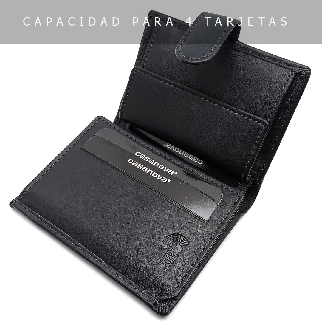 Petit Portefeuille homme AVEC porte-monnaie | Cuir Ubrique | Portefeuille en cuir avec porte-cartes | Fait à la main | RFID | 10065 Noir