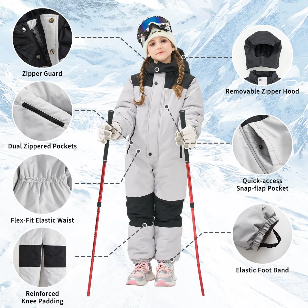 Owntop Combinaison de Ski Enfant - Combinaison Neige Imperméable et Coupe-Vent avec Capuche Amovible, Combinaison Pilote Chaude et Légère pour Fille et Garçon, Taille 98-128 cm, Unisexe