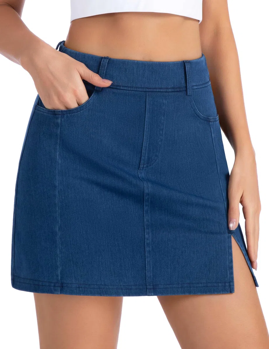 THE GYM PEOPLE Jupe-short en jean extensible pour femme, coupe ajustée, fente latérale, jupe décontractée en jean avec poches