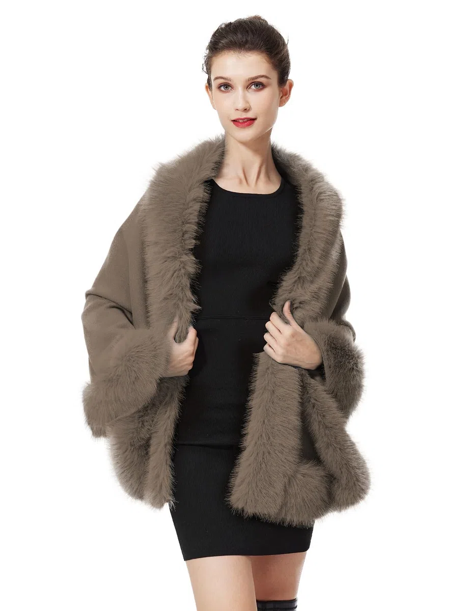 BEAUTELICATE Châle Tricoté Étole en Fausse Fourrure Cape Poncho Chaud De Femme Mariage Hiver sur Robe de Soirée Mariée(Taille Unique, Tissu Amélioré-Kaki)
