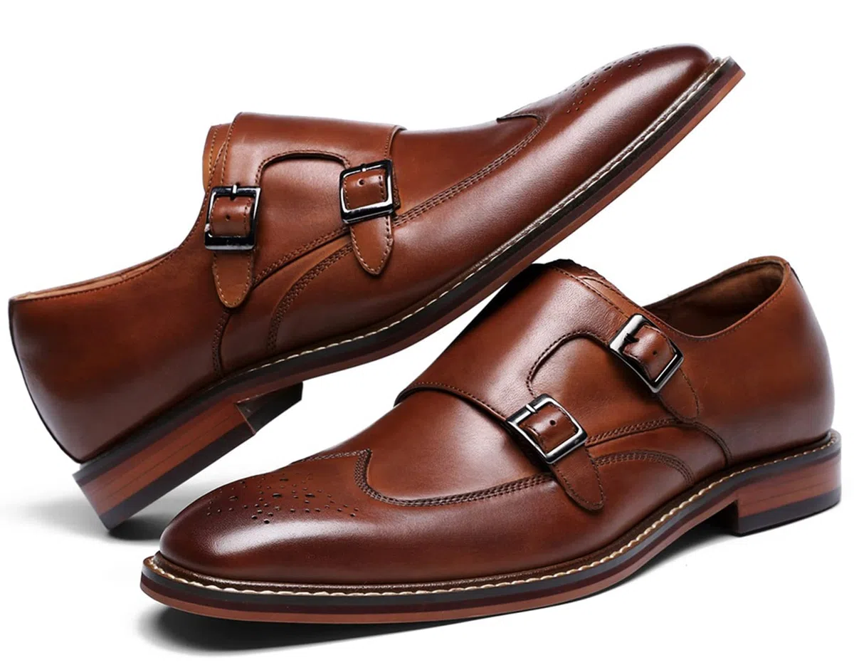 Santimon Homme Cuir Double Monk Chaussures à Boucle de Ville Wingtip Brogue Habillées Business Casual Derby Loafer Noir Marron