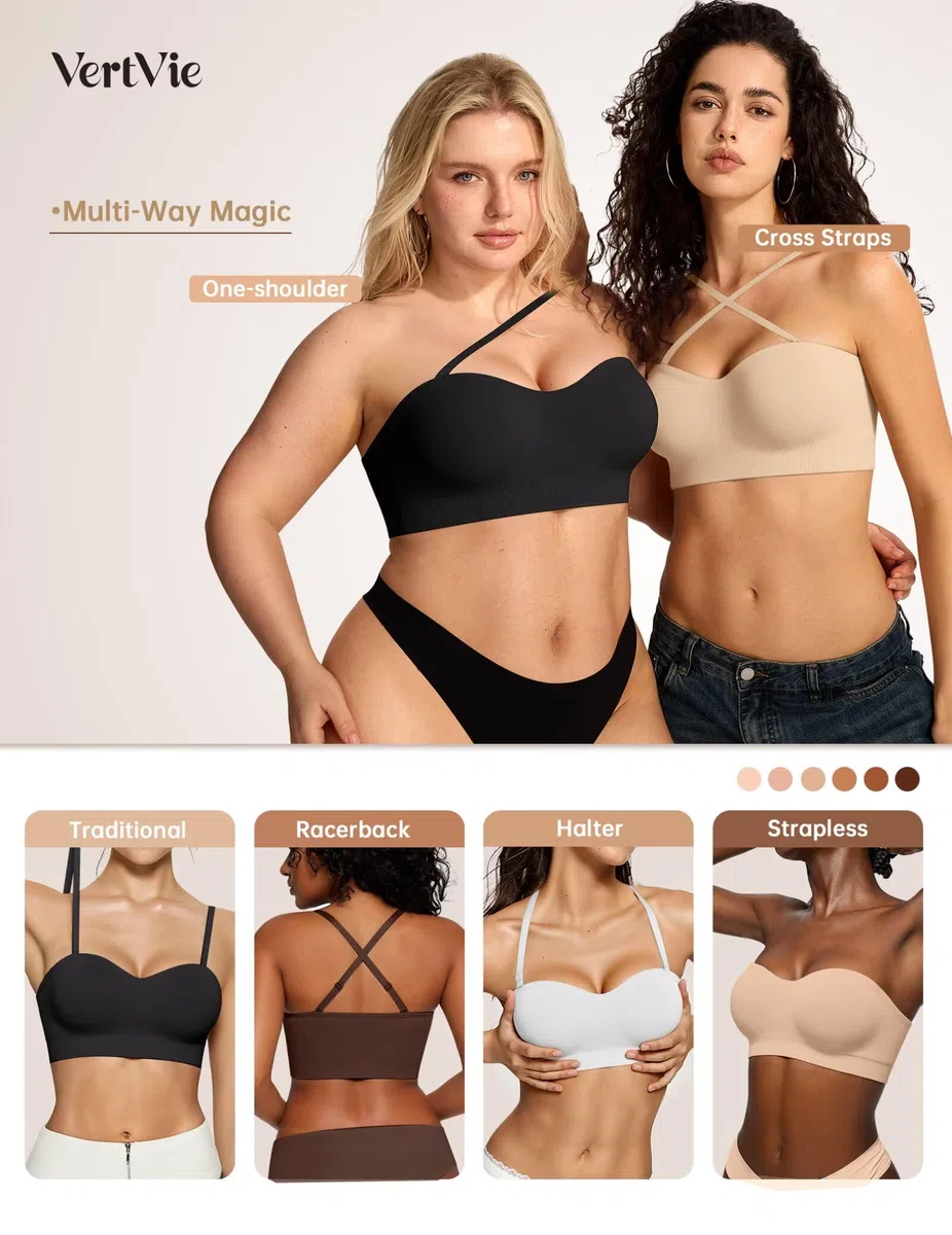 Vertvie Soutien-gorge sans bretelles pour femme - Antidérapant - Push Up - Sans fil - Confortable - Soutien-gorge rembourré de soutien