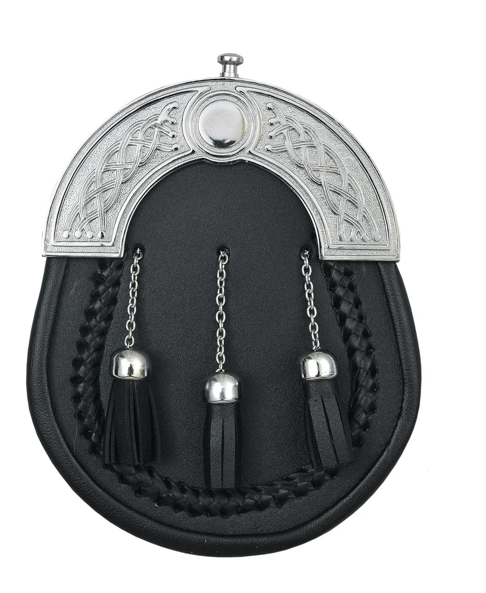 Sporran Complet en Cuir avec chaîne Glands avec Ceinture et Bretelles, Cuir Noir, Adult Size