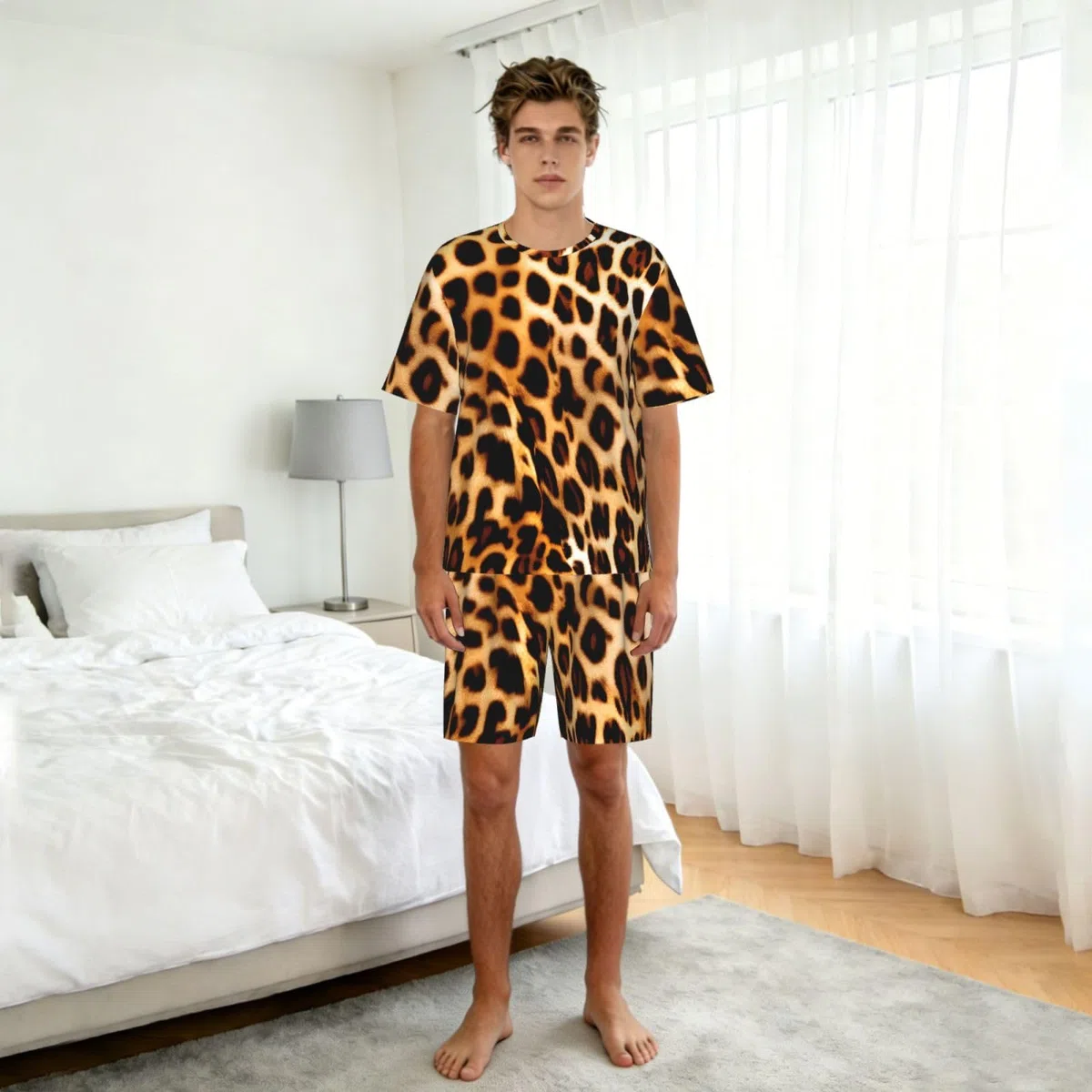 Ensemble de pyjama à manches courtes imprimé léopard pour homme - Respirant et confortable