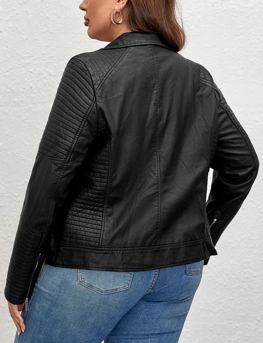 Geschallino Veste en Cuir PU Grande Taille pour Femme Courte Automne Moto Manteau avec Poches (XL-5XL)