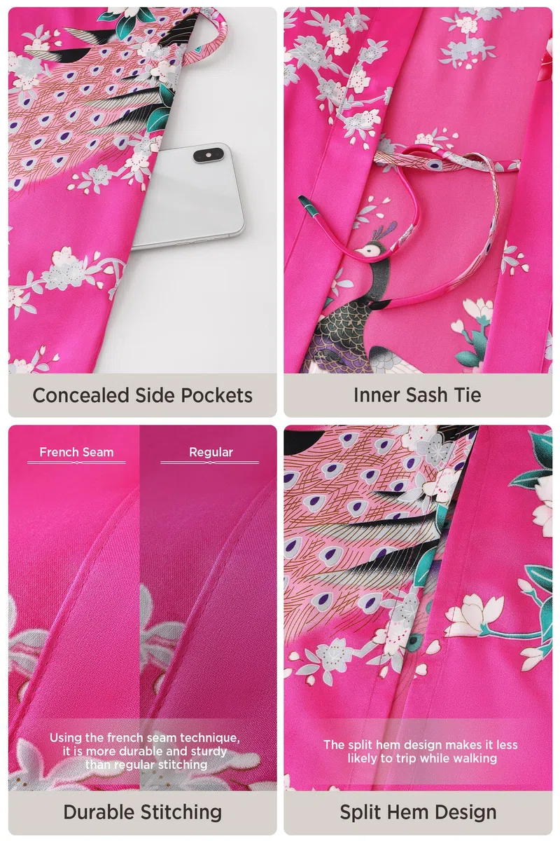 BABEYOND Women's Kimono Robe Long Satin Silky Robes with Peacock and Blossoms Printed Kimono Nightgown