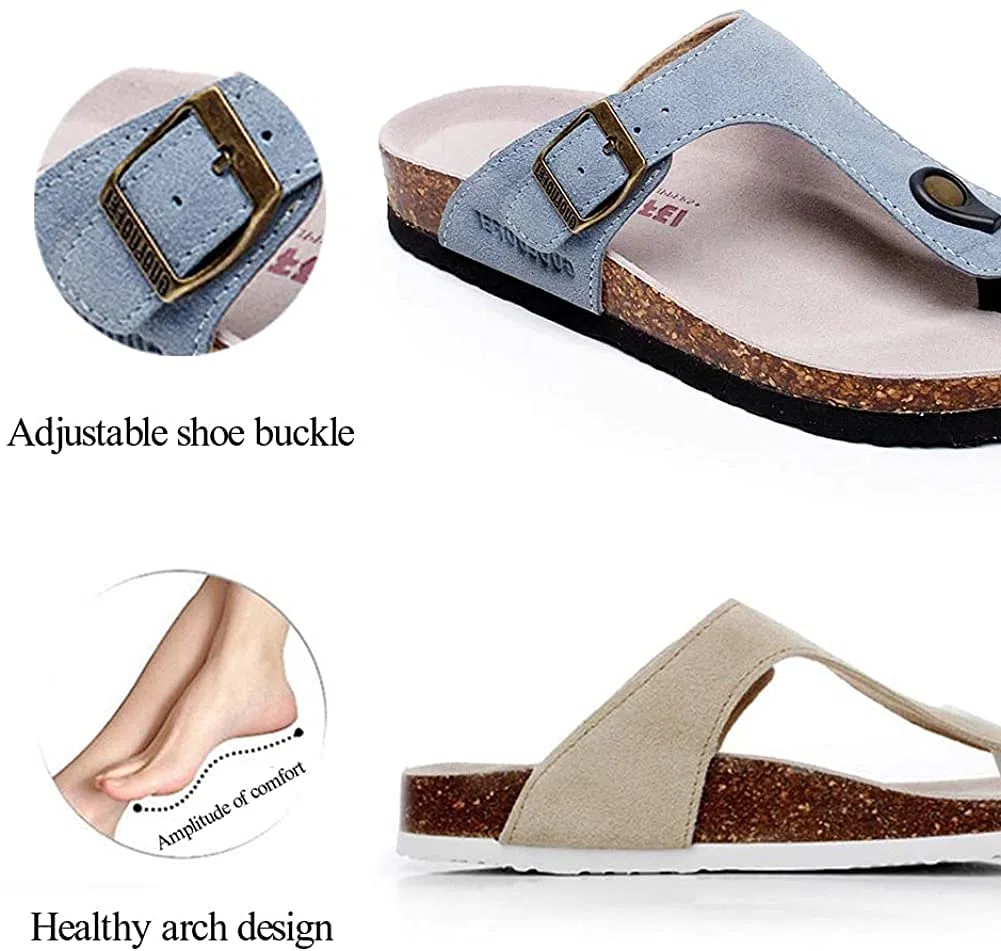 Femmes Slide Hommes Liège Semelle Sandales Plates Réglables en cuir Boucle Décontractée Peep Toe Chaussures Suede Tongs été