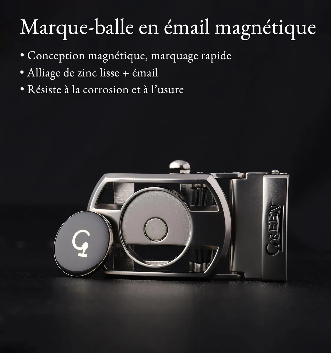 Litume GREEN GOLF Ceinture de Golf à Cliquet – Design Sans Trou, Boucle Micro-Réglable avec Marqueur de Balle Magnétique en Émail