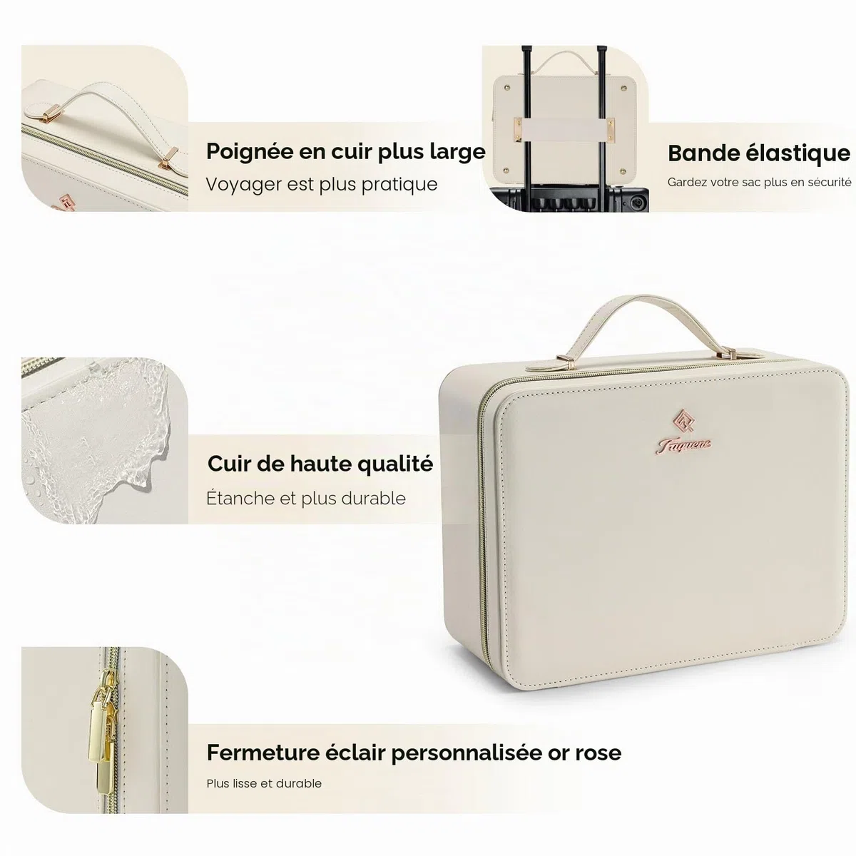 Grande trousse de maquillage avec miroir LED - Miroir lumineux amovible - En cuir synthétique - Portable - Avec séparateurs - Support pour pinceaux de maquillage - Blanc