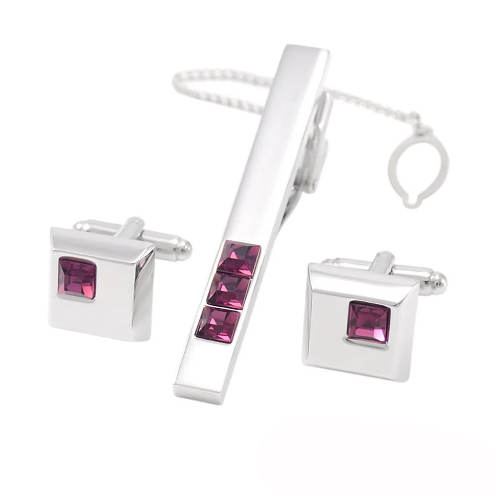Boutons de Manchette Clip de Cravate pour Cravate épingle de Cravate de Haute qualité pour Hommes Barres de Cravate en Cristal Violet Boutons de Manchette Clip de Cravate Set invités