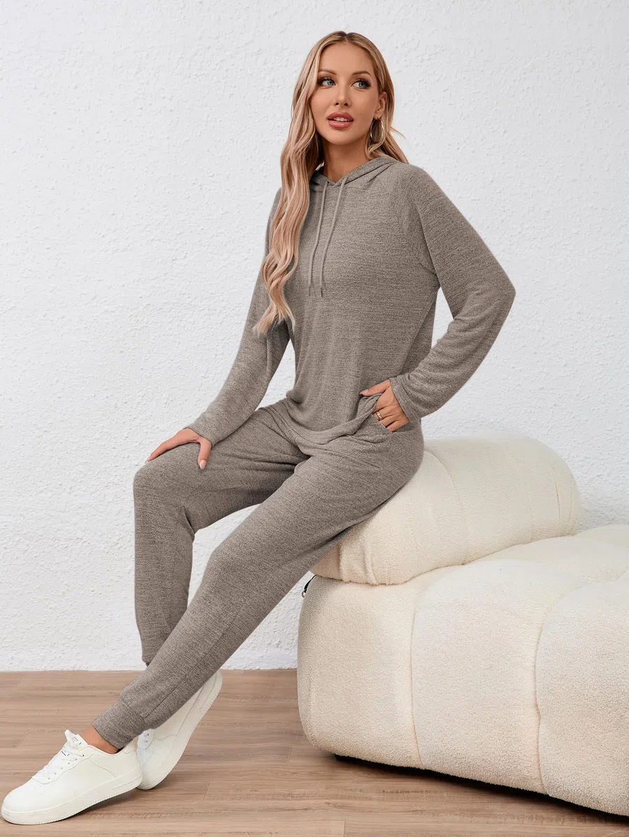 Famulily Survêtement à manches longues pour femme, couleur unie, sweat à capuche avec cordon de serrage et pantalon de jogging élastique avec poches, tailles S à XXL