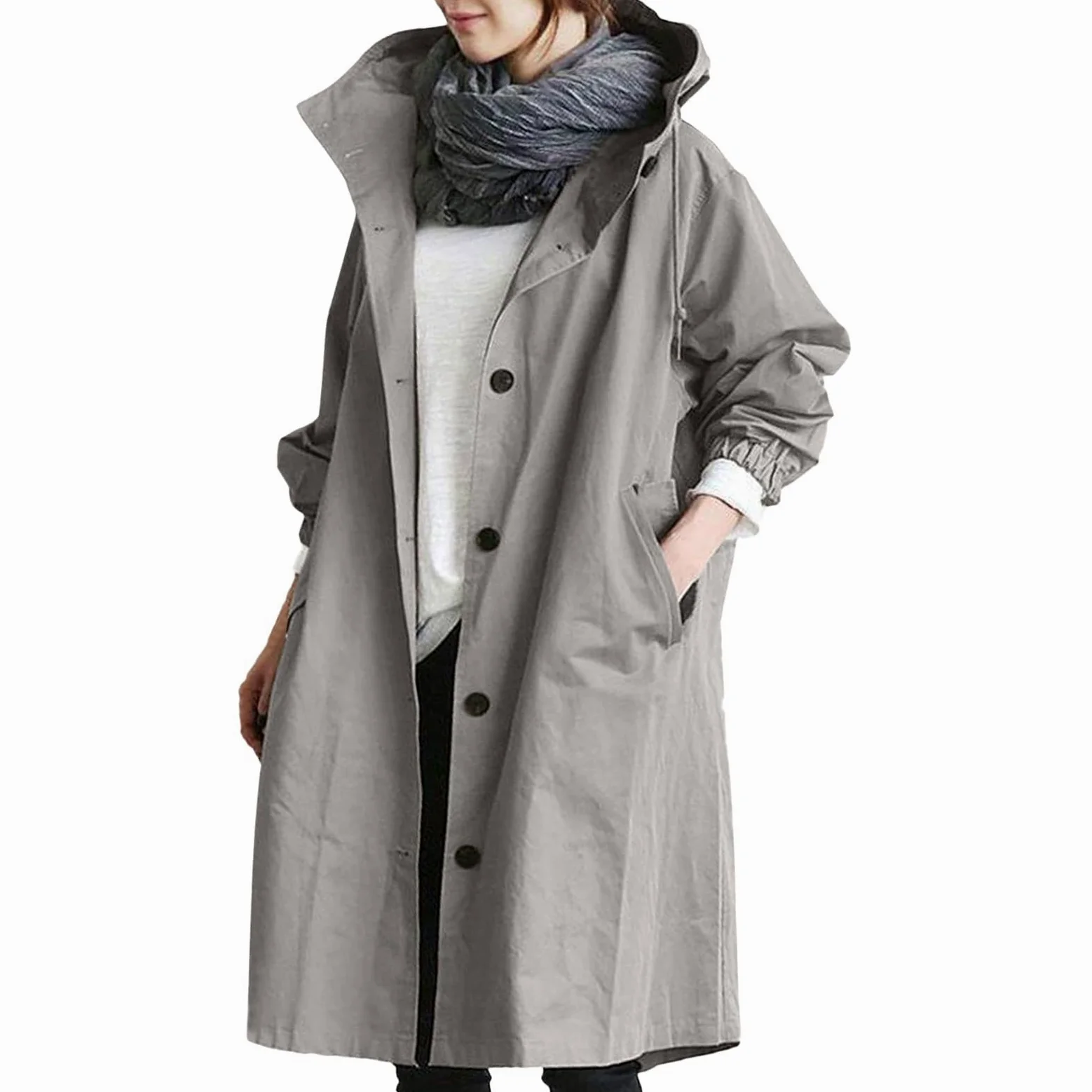 Generisch Manteau pour femme, trench long avec capuche, manteau d'été léger, coupe-vent, parka, manteau de transition, veste d'extérieur décontractée, coupe-vent, manteau de transition, gris, 4XL
