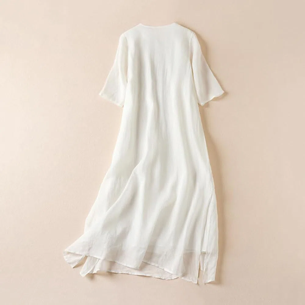 Robe Longue en Coton et Lin brodée de Fleurs pour Femme, Robe bohème en Coton et Lin, Robe d'été Classique à Manches mi-Longues et col Rond