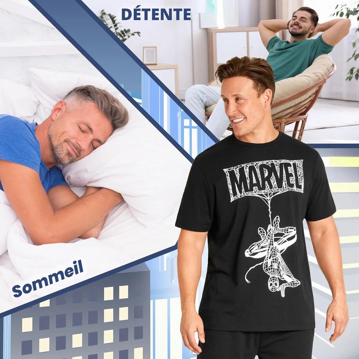 Marvel Pyjama Homme Long avec Poches Pyjama Spiderman Adulte Vêtements de Nuit Homme Taille M-3XL