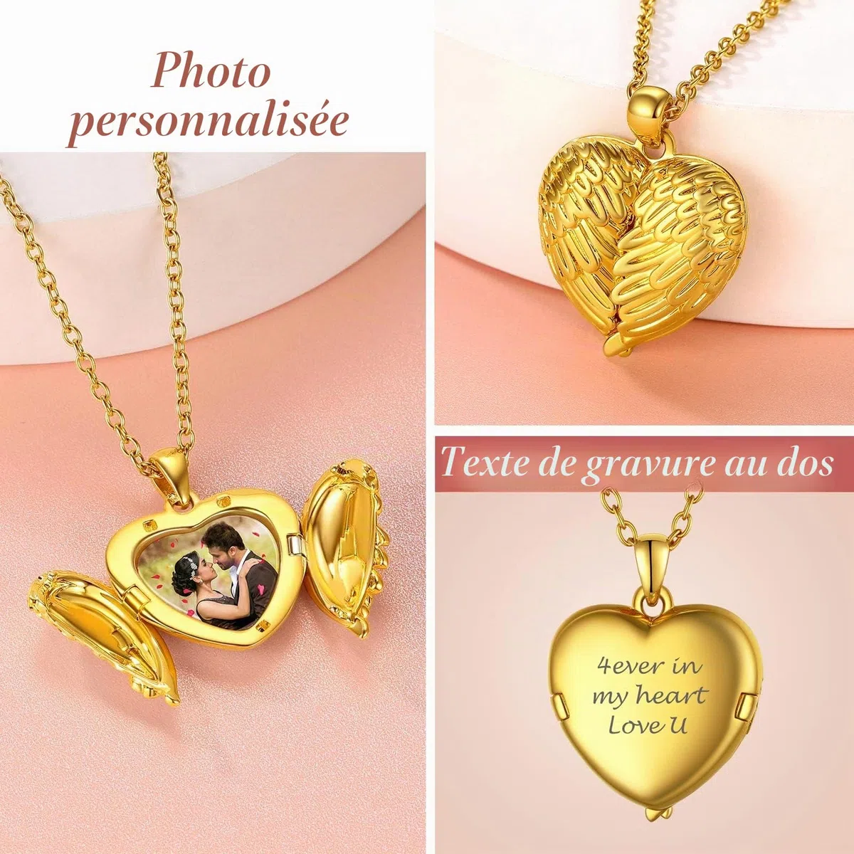 FindChic Personnalisé Photo Collier Coeur pour Femme Cuivre/Acier Inoxydable, Charm Aile d'Ange Pendentif Amour Prénom Personnalisable Enfant Maman Bijoux Noël