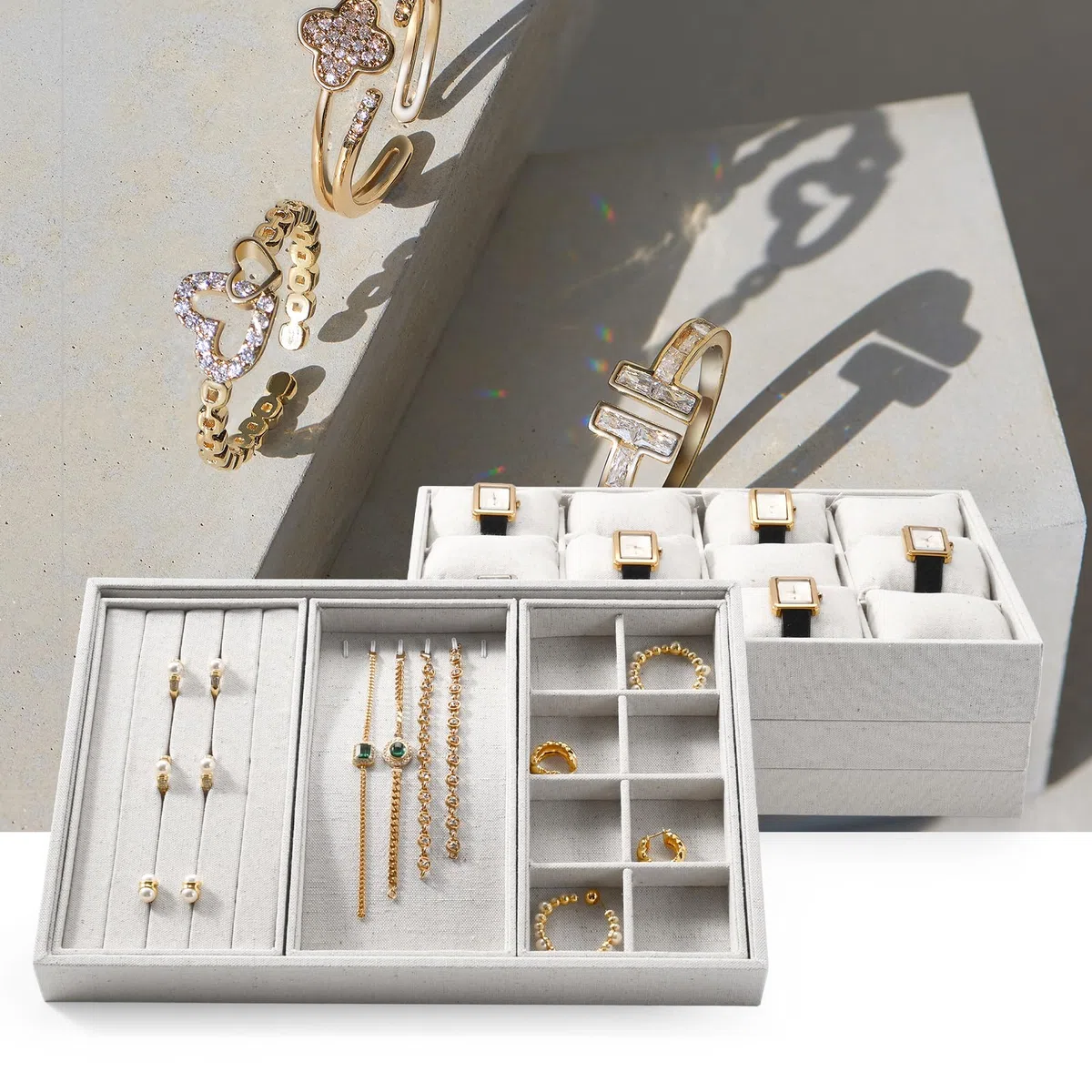 Plateau À Bijoux Multifonctionnel Et Empilable En Lin,Beige