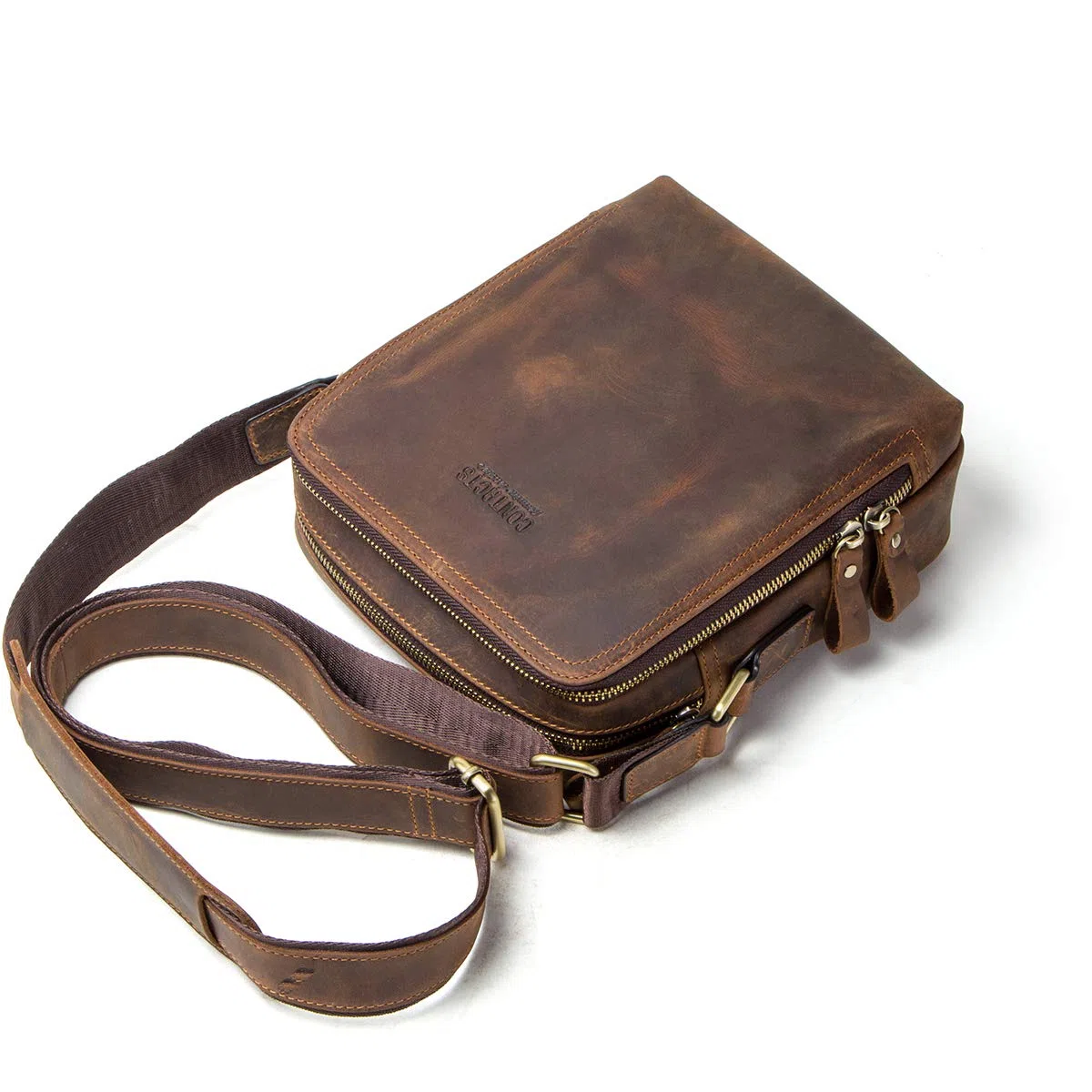 Contacts Sac à bandoulière en Cuir véritable pour Homme Petit Messager Multifonction pour Sac à Main Vintage 7.9 pour Ordinateur Portable (Café)