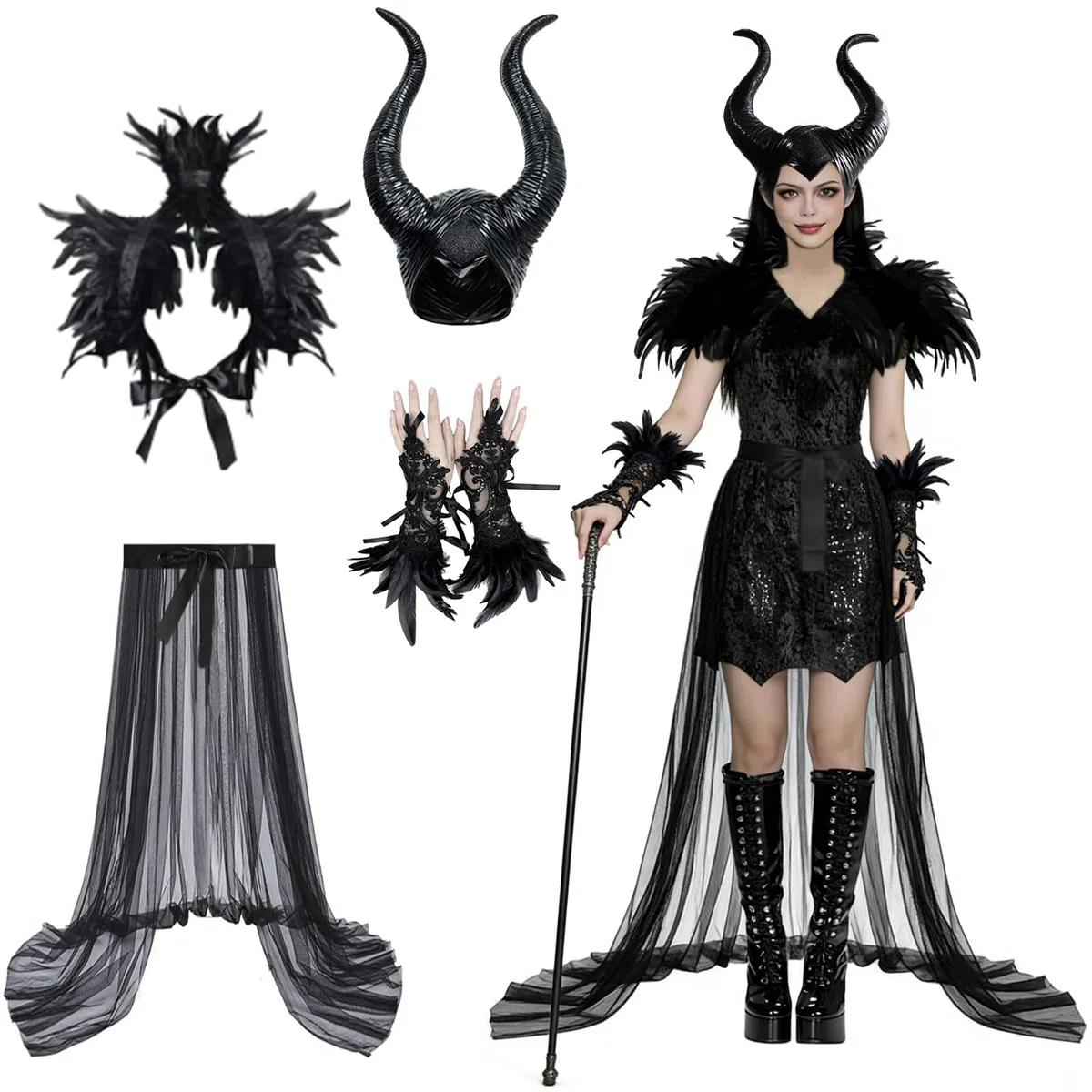 Deguisement Malefique Femme: Maléfique Costume Adulte - Méchante Reine Sorciere Gothique Robe avec Corne Plume Cape et Gant pour Halloween Carnaval Cosplay Tenue De Fête