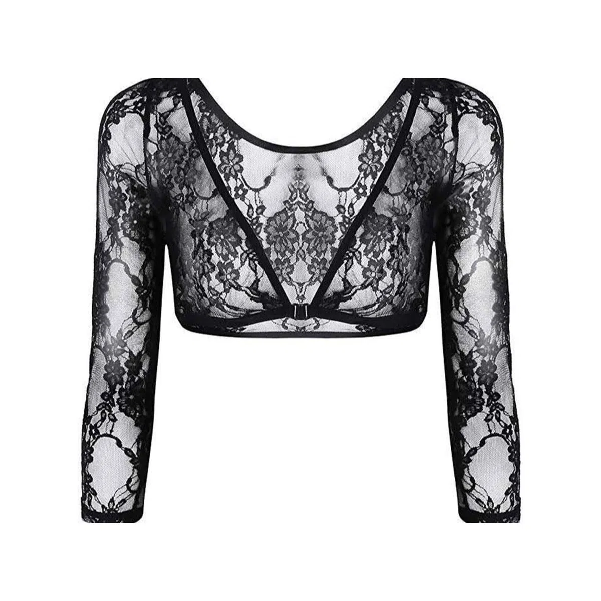 Femmes Dentelle Boléro, Gilet Court Ouvert à Col en V sur Le Devant, Léger Boléro en Maille, Transparente Top avec Fermeture à Crochet, Boléro Floral Sortir Fête pour Robe, Noir, S-XL