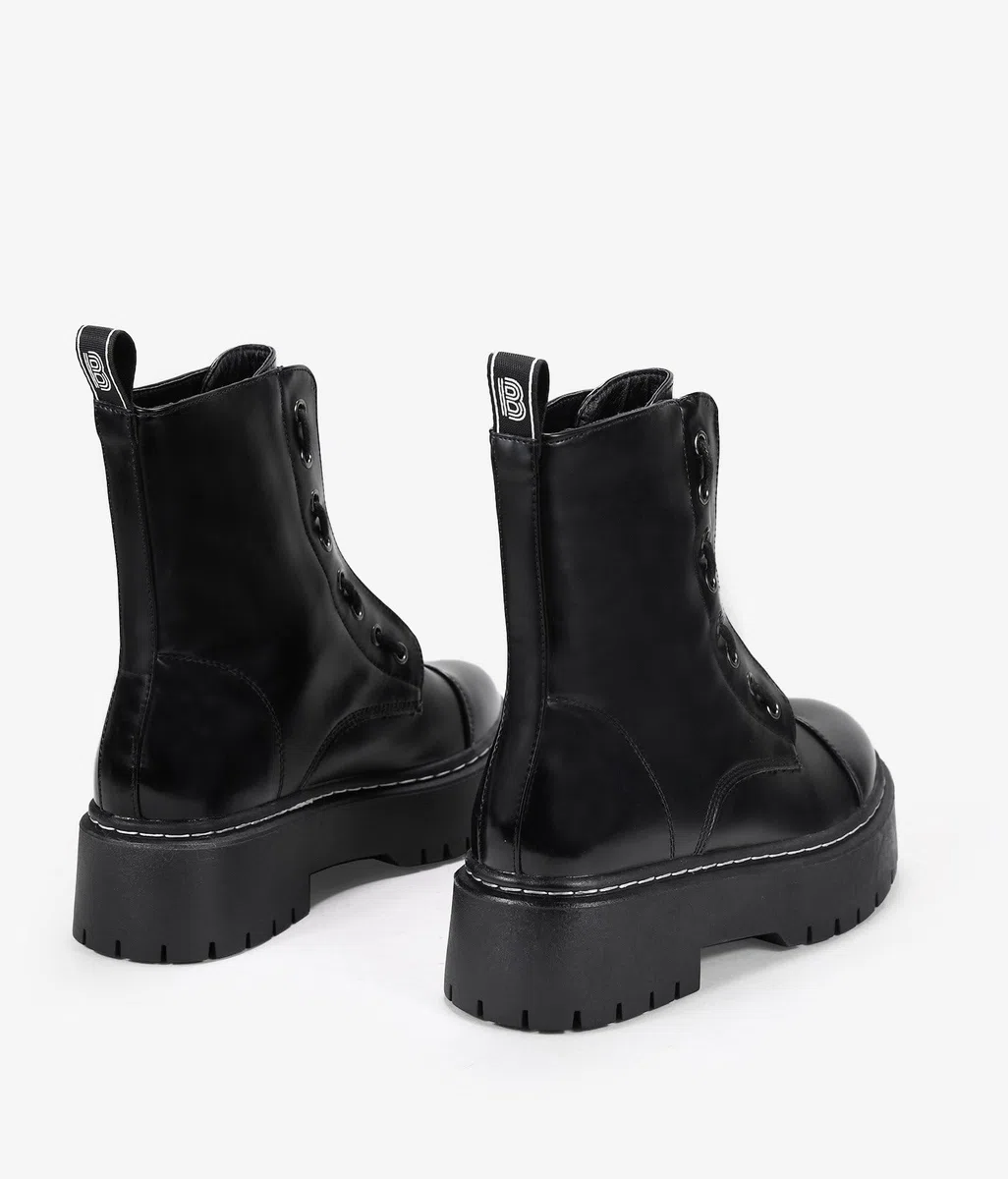 BOSANOVA Bottes militaires de style punk avec plate-forme dentelée et lacets jusqu'au sommet Fermeture à glissière. Chaussures pour femmes