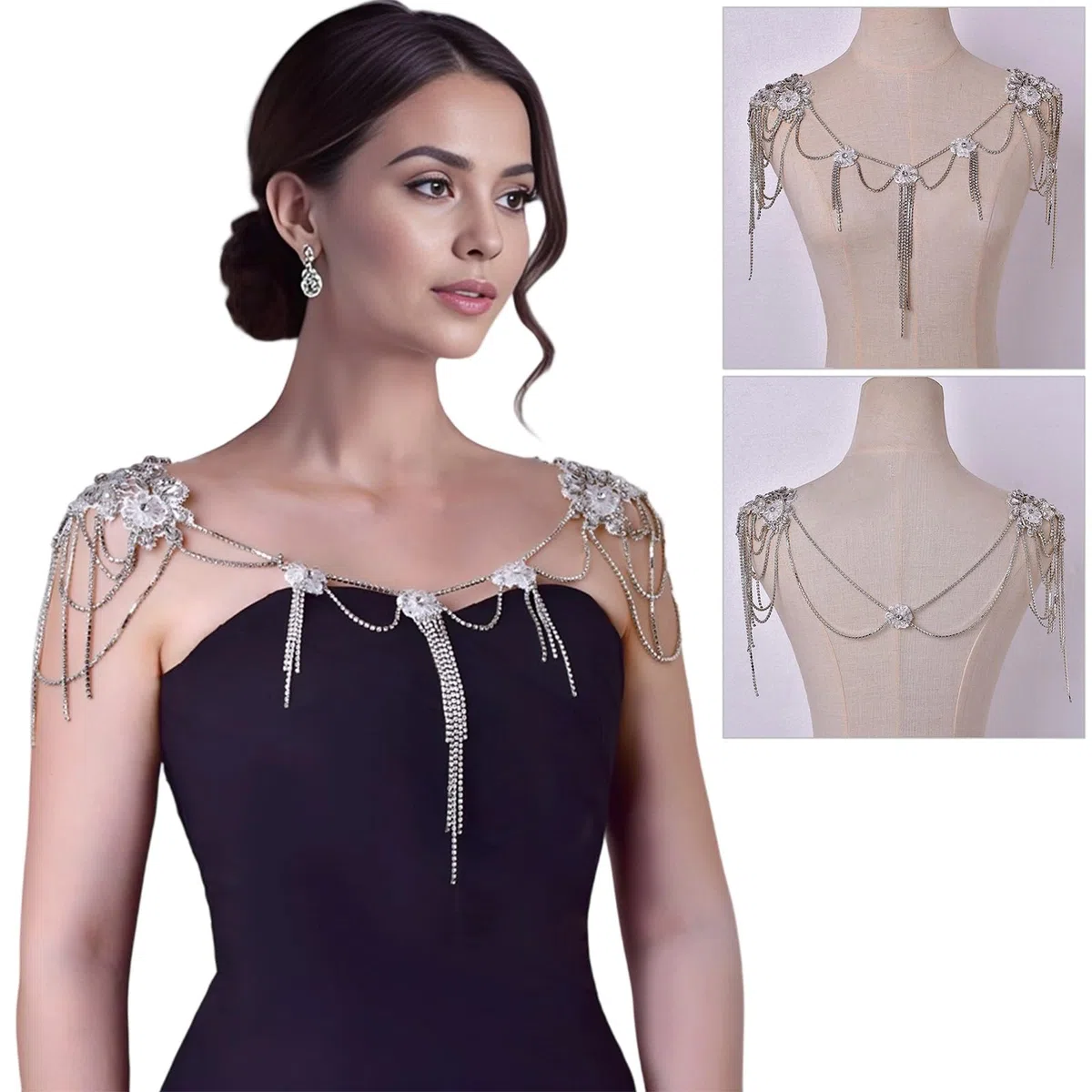 Élégante chaîne de corps sans bretelles avec franges en cristal - Bijoux d'épaule réglables - Idéal pour les réceptions de mariage, les fêtes sur la plage et comme cadeau - Bijoux de corps réglables
