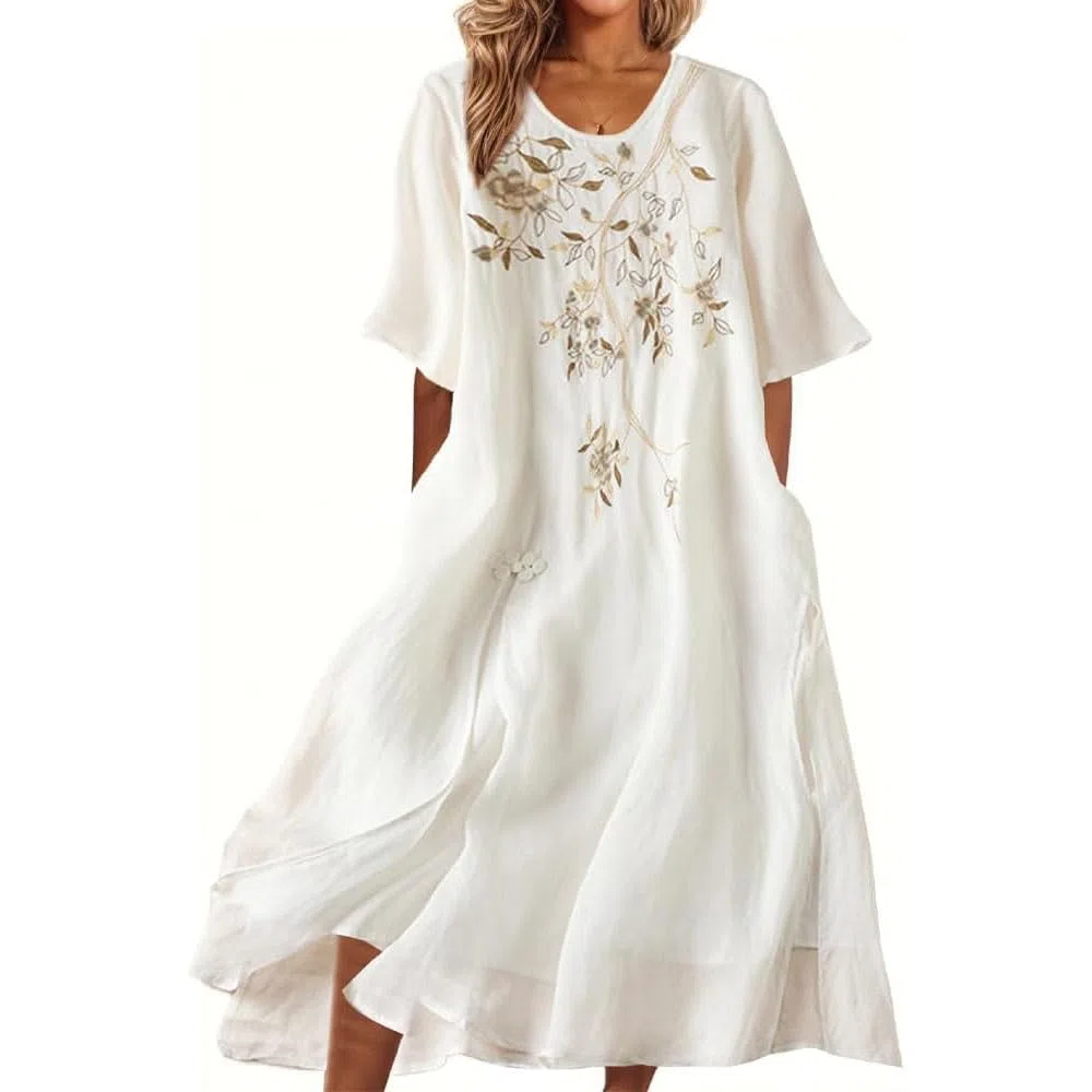 Robe Longue en Coton et Lin brodée de Fleurs pour Femme, Robe bohème en Coton et Lin, Robe d'été Classique à Manches mi-Longues et col Rond