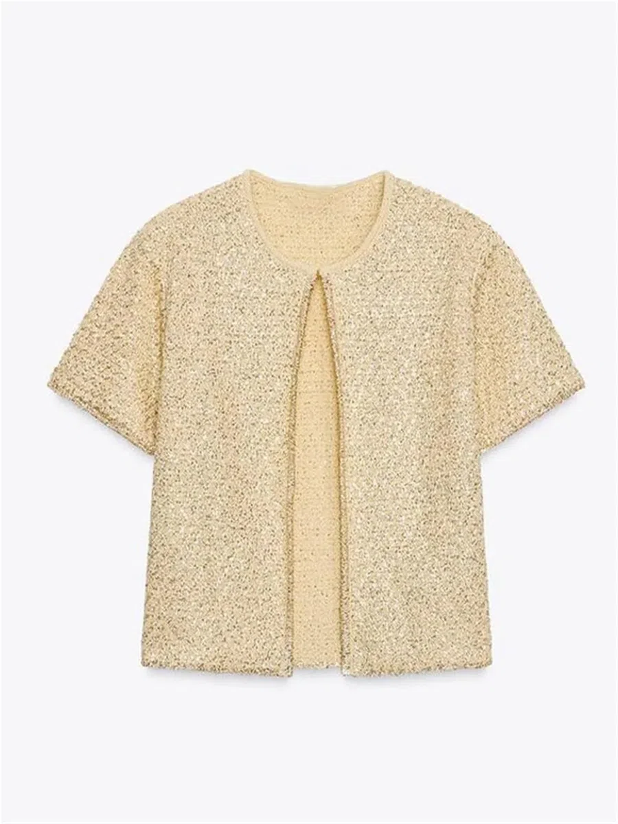 Gilet Sans Manche Femme Cardigan en tricot à paillettes for femme, col rond, manches courtes, boutons, sans, avec bretelles(Orange sets,S)