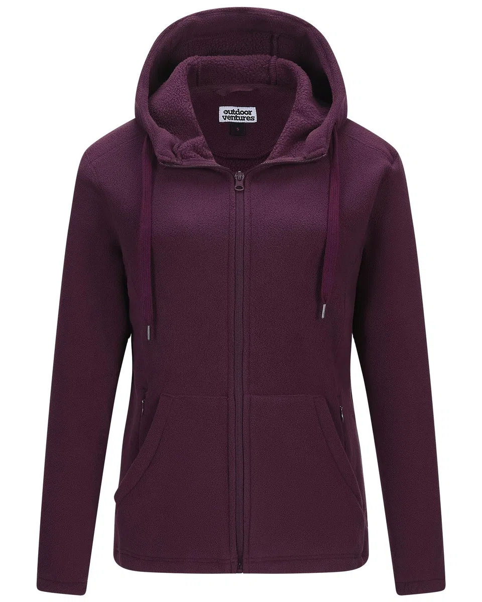 Outdoor Ventures Veste polaire pour femme avec fermeture éclair sur toute la longueur, sweat à capuche en polaire chaude avec 6 poches pour la randonnée et les loisirs