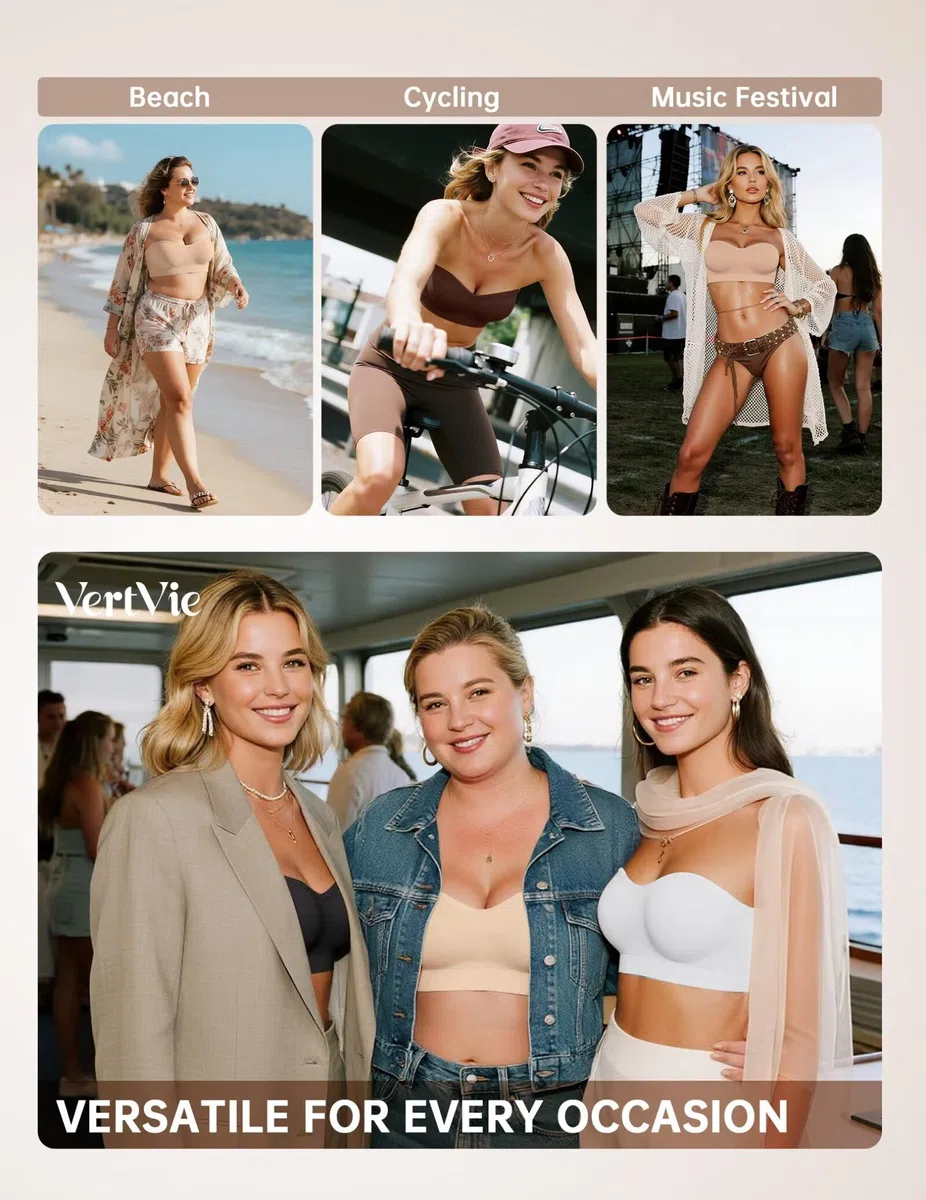 Vertvie Soutien-gorge sans bretelles pour femme - Antidérapant - Push Up - Sans fil - Confortable - Soutien-gorge rembourré de soutien