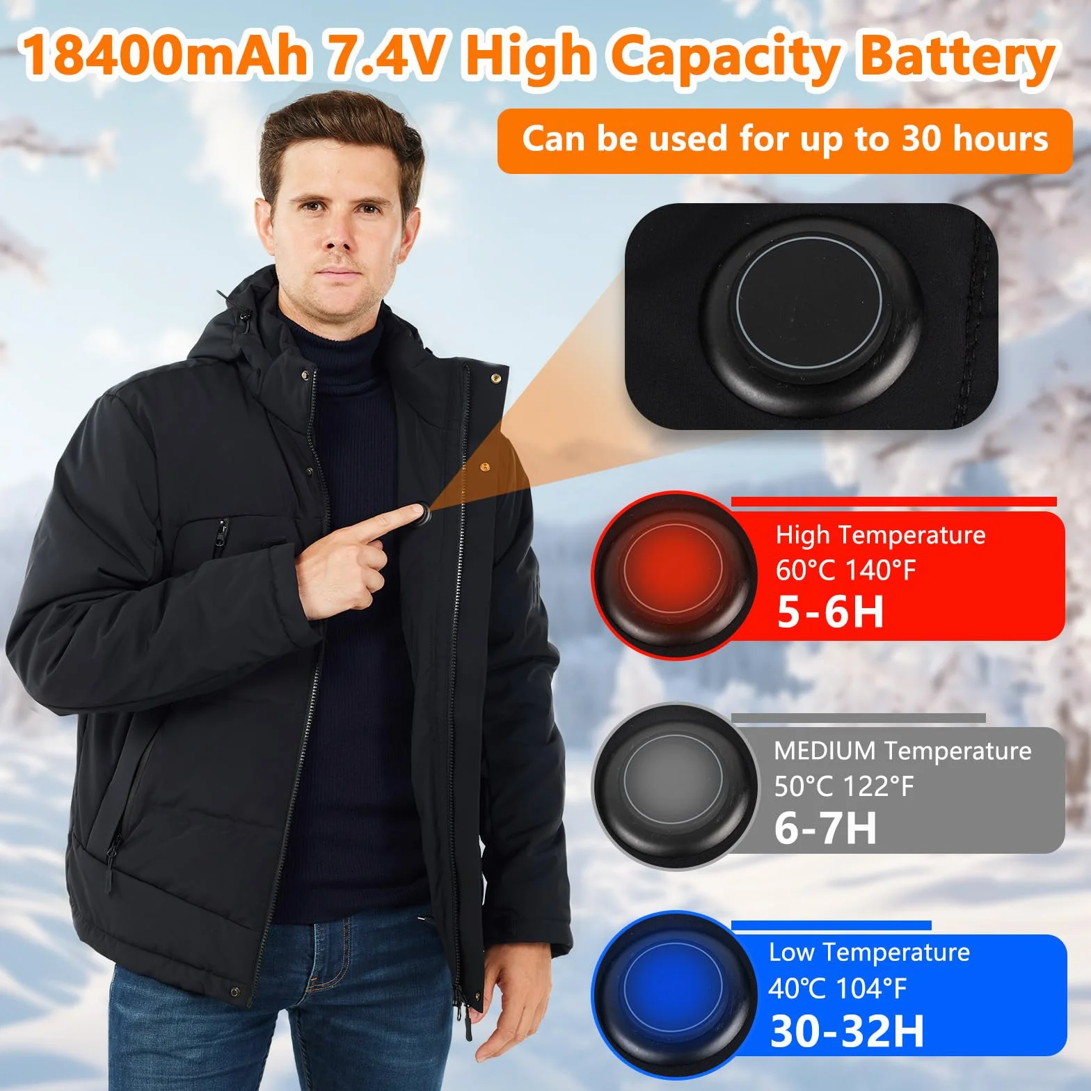 Veste Chauffante Homme, 18400 mAh Batterie Veste Chauffante électrique Veste Chauffant USB Vêtements Chauffant électrique avec YKK Fermeture à glissière pour Ski Pêche Randonnée Moto, L