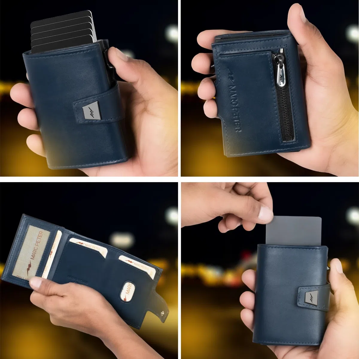 Marc Peter Portefeuille fin pour homme avec compartiment à monnaie et protection RFID, portefeuille en cuir, 9 compartiments pour cartes de crédit, étui pour cartes de crédit, petit homme, bleu