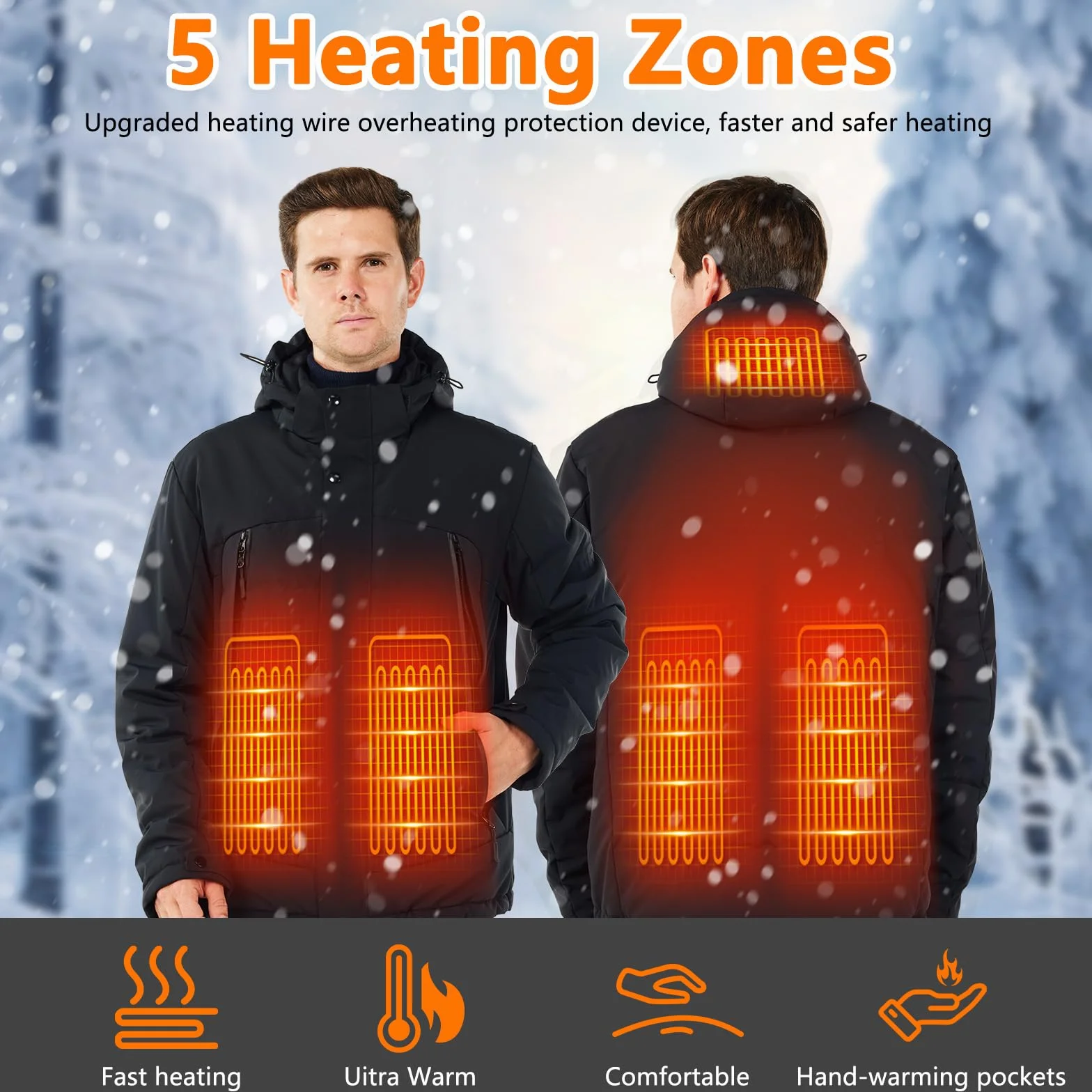 Veste Chauffante Homme, 18400 mAh Batterie Veste Chauffante électrique Veste Chauffant USB Vêtements Chauffant électrique avec YKK Fermeture à glissière pour Ski Pêche Randonnée Moto, L