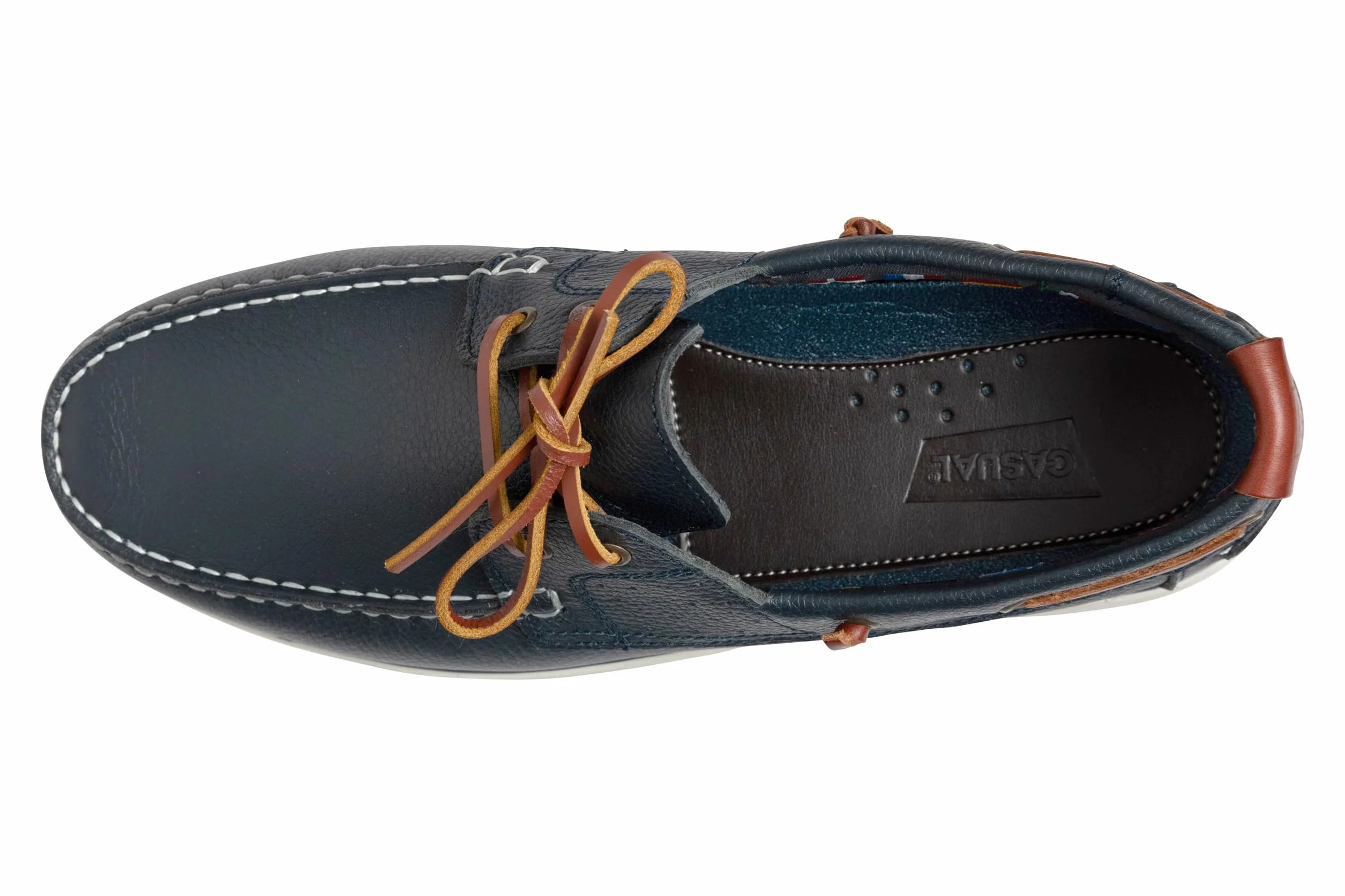 Chaussures bateau en cuir véritable pour homme Mocassins plats avec lacets en cuir en bleu foncé et marron 2 Eye Boat Shoes, bleu foncé, 43 EU Étroit