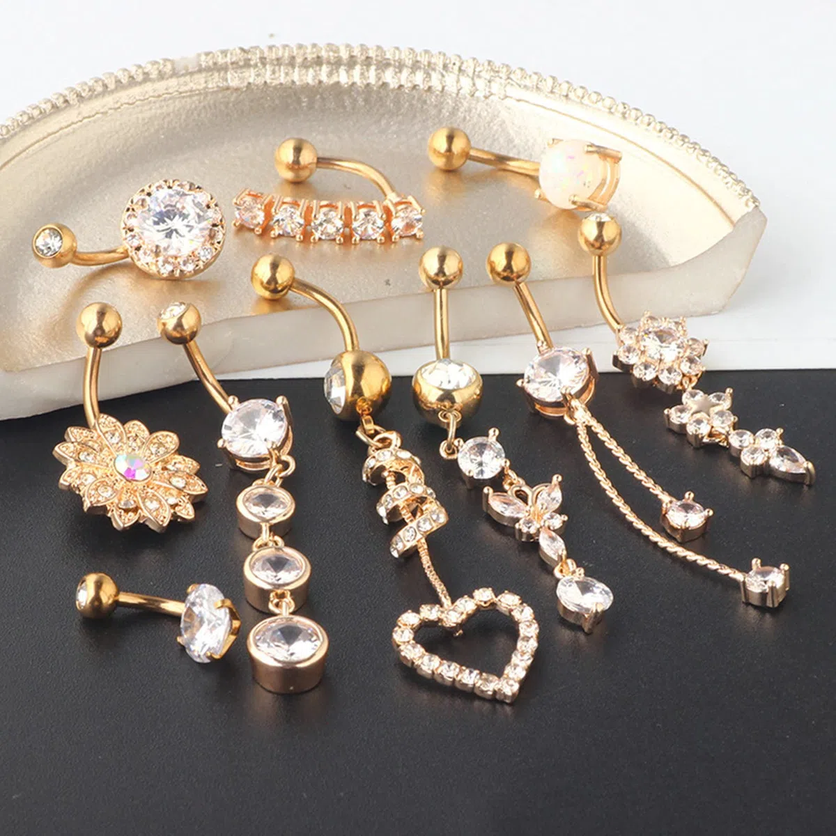 Gualiy 10 Pièces Piercing Nombril Acier Inoxydable Anneaux Fleur et Rond Zircone Cubique Pendre Bijoux Piercing Nombril pour Femme