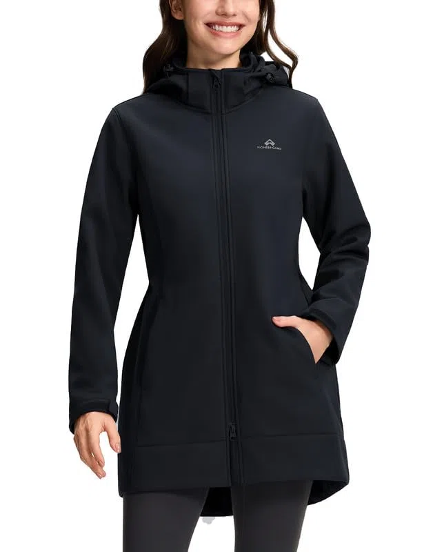 Pioneer Camp Softshell femme longue - vestes de randonnée softshell avec capuche - Imperméable et coupe-vent - Taille réglable - Parka de pluie avec fermeture éclair - Poches pour la randonnée