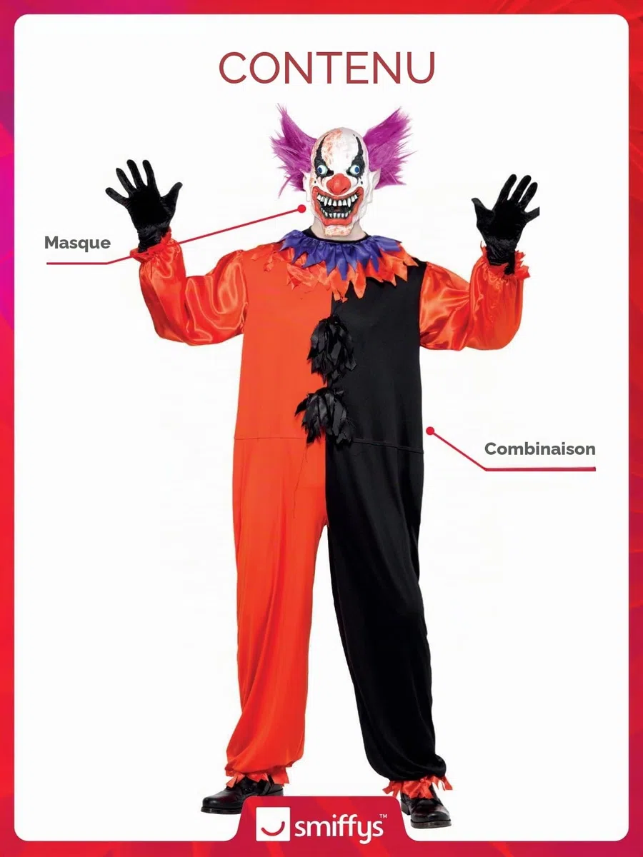 Smiffys Costume Bo Bo le clown effrayant et sinistre de cirque, avec combinaison-pantalon & masque