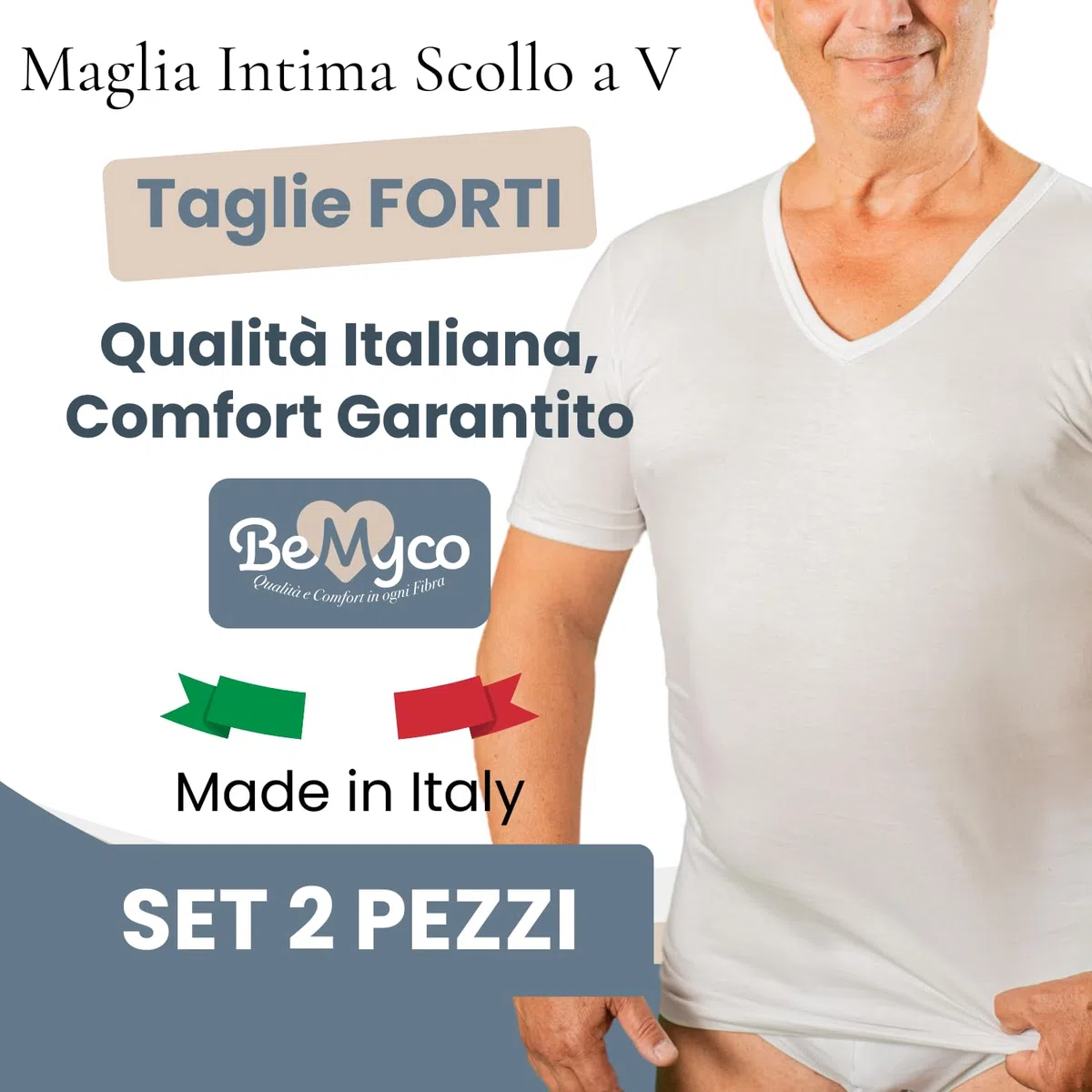 Lot de 2 t-shirts pour homme grande taille – col en V, 100 % coton peigné, fabriqué en Italie, doux et résistant, confortable et respirant