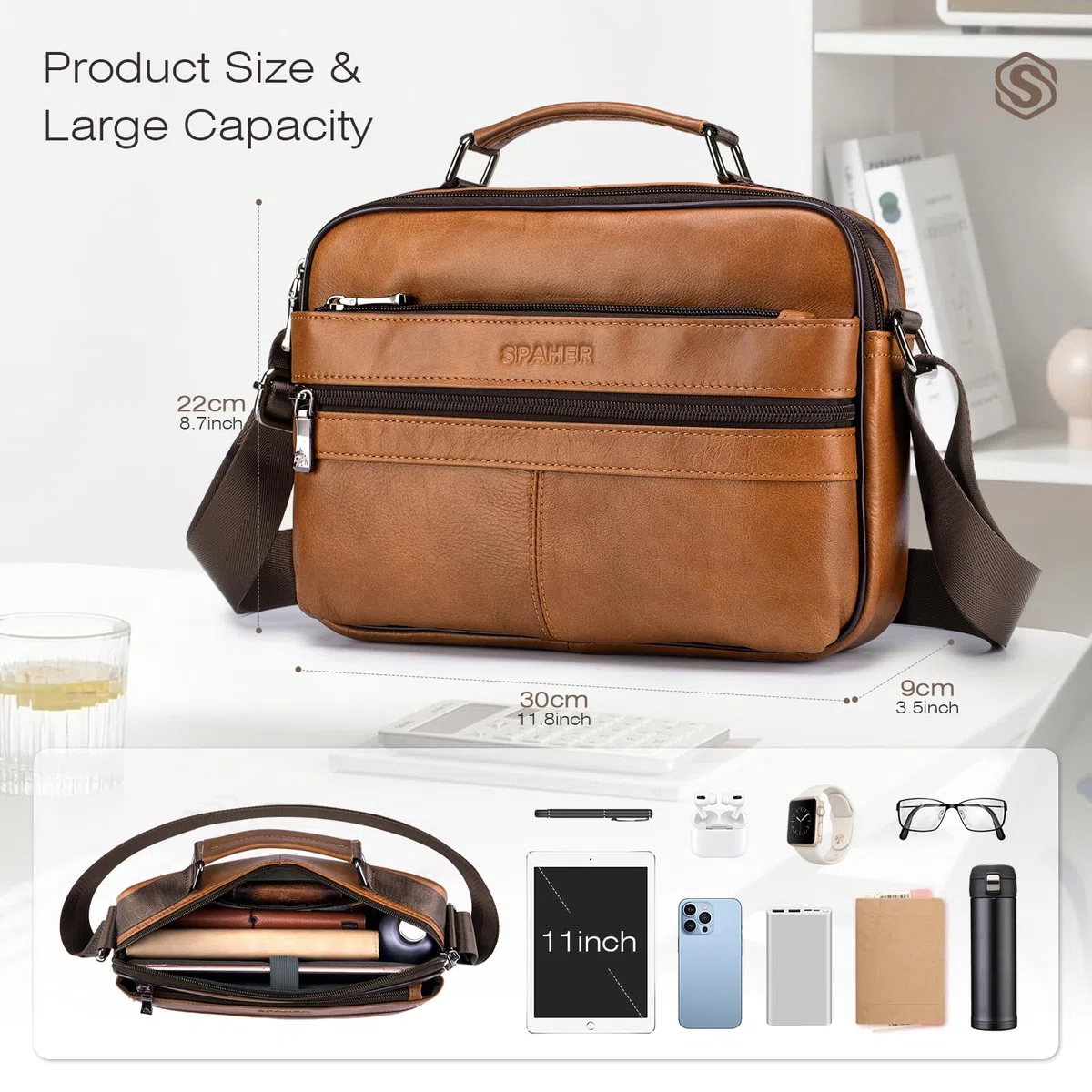 SPAHER Sacoche Homme Bandouliere Grand Sacoche Homme Cuir Véritable Pochette Homme Sac Bandoulière Homme Sac Porté Epaule Sacs Business Sacs à Main Voyage pour Ipad 11 pouces