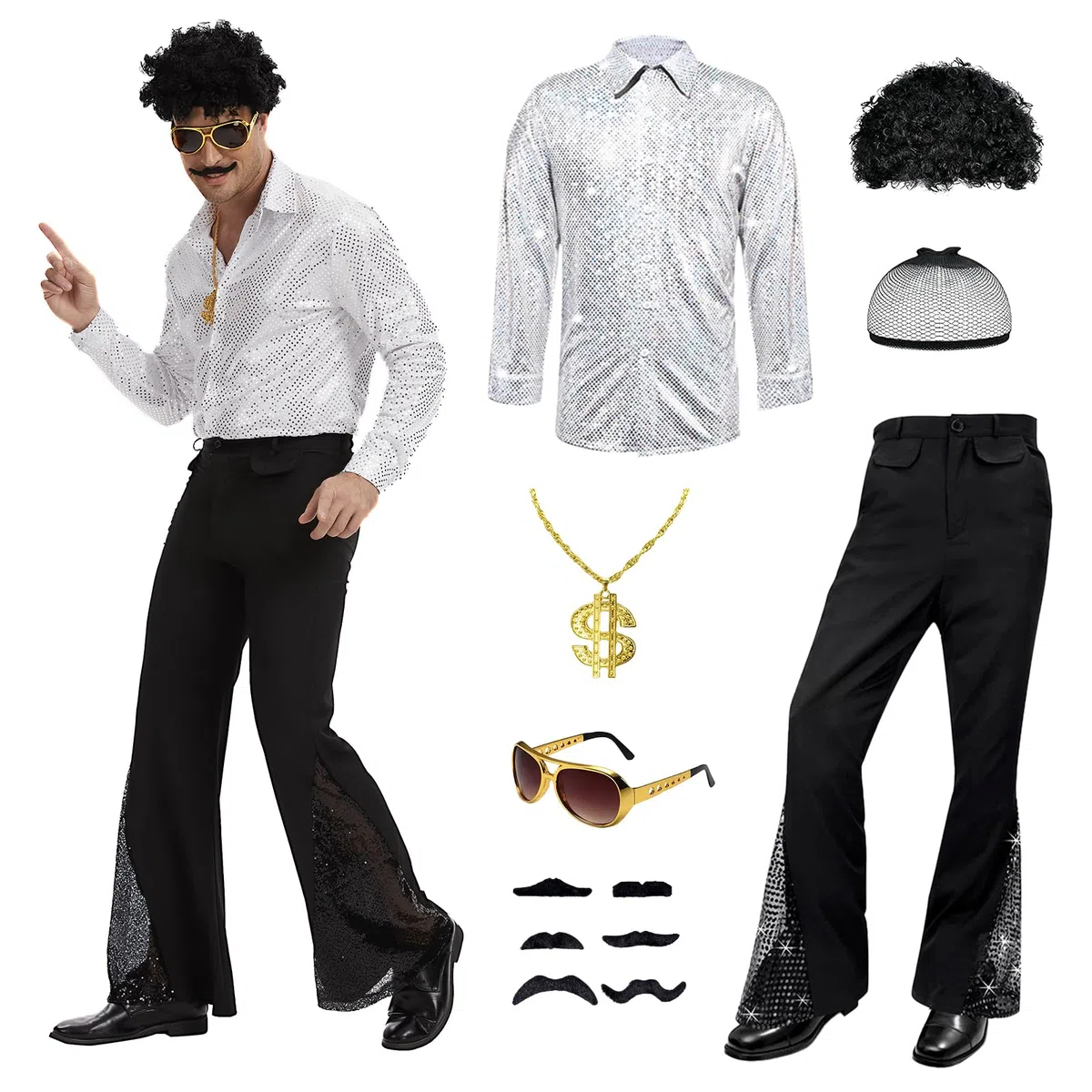 Costume hippie disco pour adultes - Tenue rétro années 70-80 avec chemise, pantalon, perruque afro, collier, lunettes de soleil et autocollant pour barbe