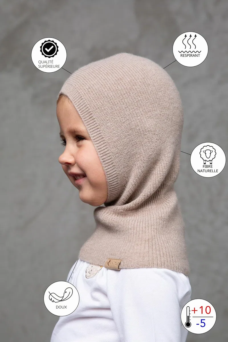 Bonnet tricoté à Une Couche en Laine mérinos et Cachemire (-5+10°C) pour bébés, Tout-Petits I Cagoule Super Douce I Printemps, Automne Chapeau pour Enfant en Beige, Rose, Gris, Fuchsia, Noir