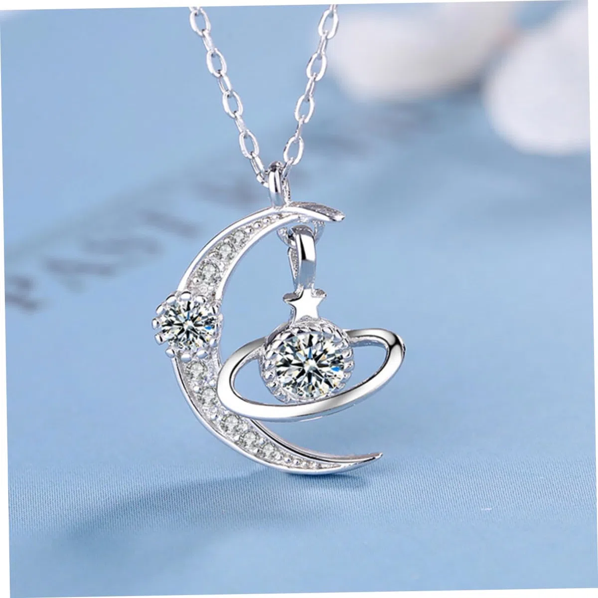 Collier en argent S925 pour femmes, pendentif étoile de souhait, diamant complet, lune, Style chaîne, élégant, 1 pièce