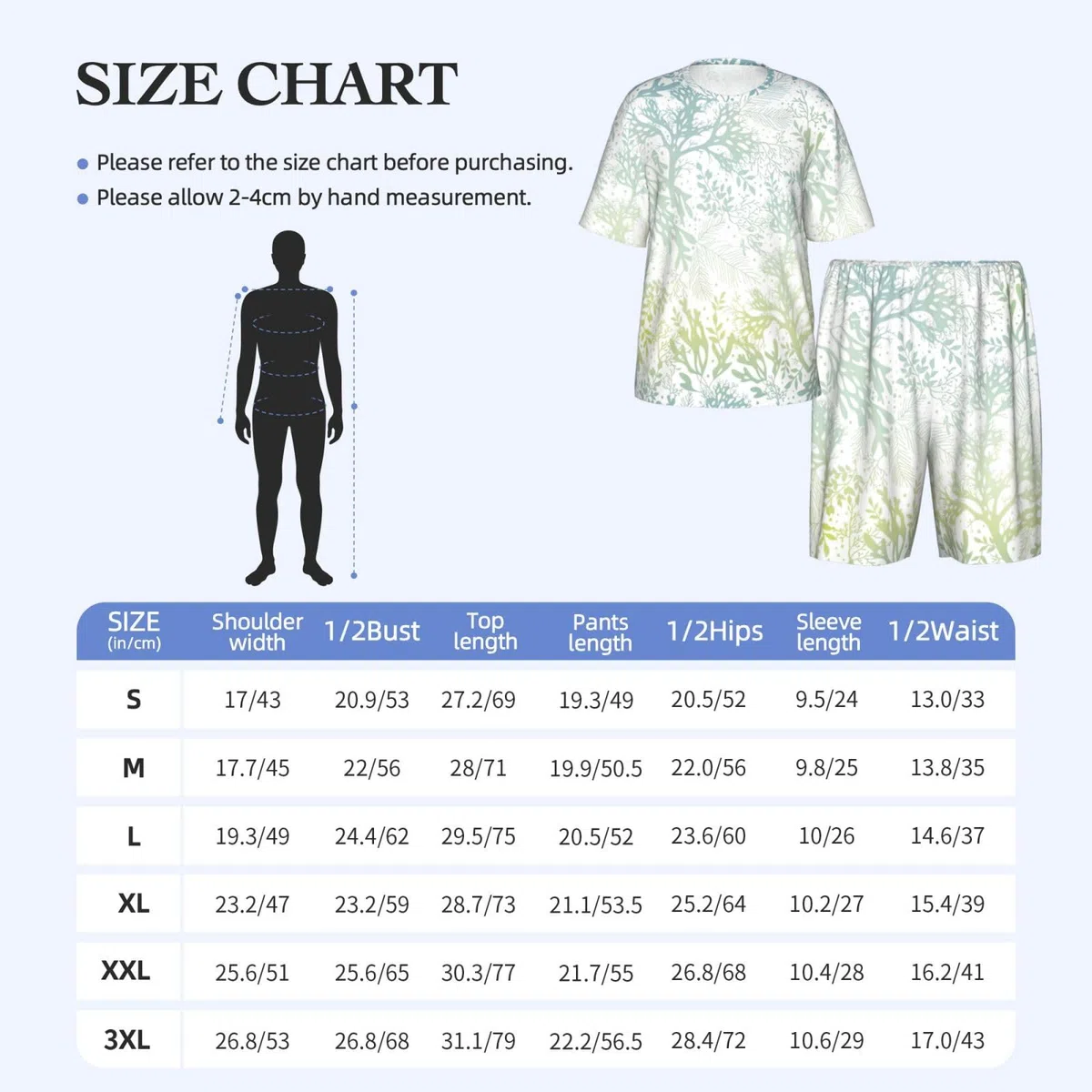 Ensemble de pyjama à manches courtes pour homme imprimé algues vertes bleu mer
