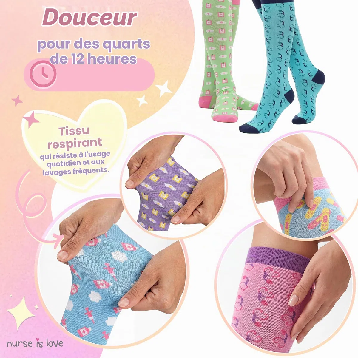 Nurse is Love. Bas De Contention Femme Pour Infirmiere - Chaussettes De Compression Pour Aide Soignante Antivarices | Utiliser Avec Sabots Sanitaires | Cadeau, Accessoires - PT