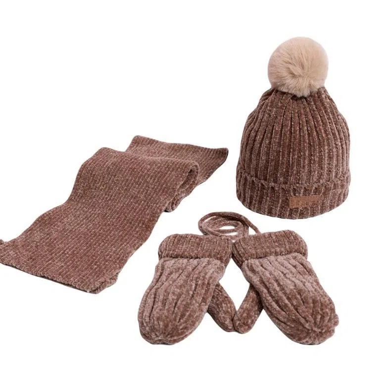 Zonto Bonnet Enfant Hiver Tricoté Chapeau en Toison Chaud De Trois Pièces pour Enfants, Écharpe Et Gants-Kaki