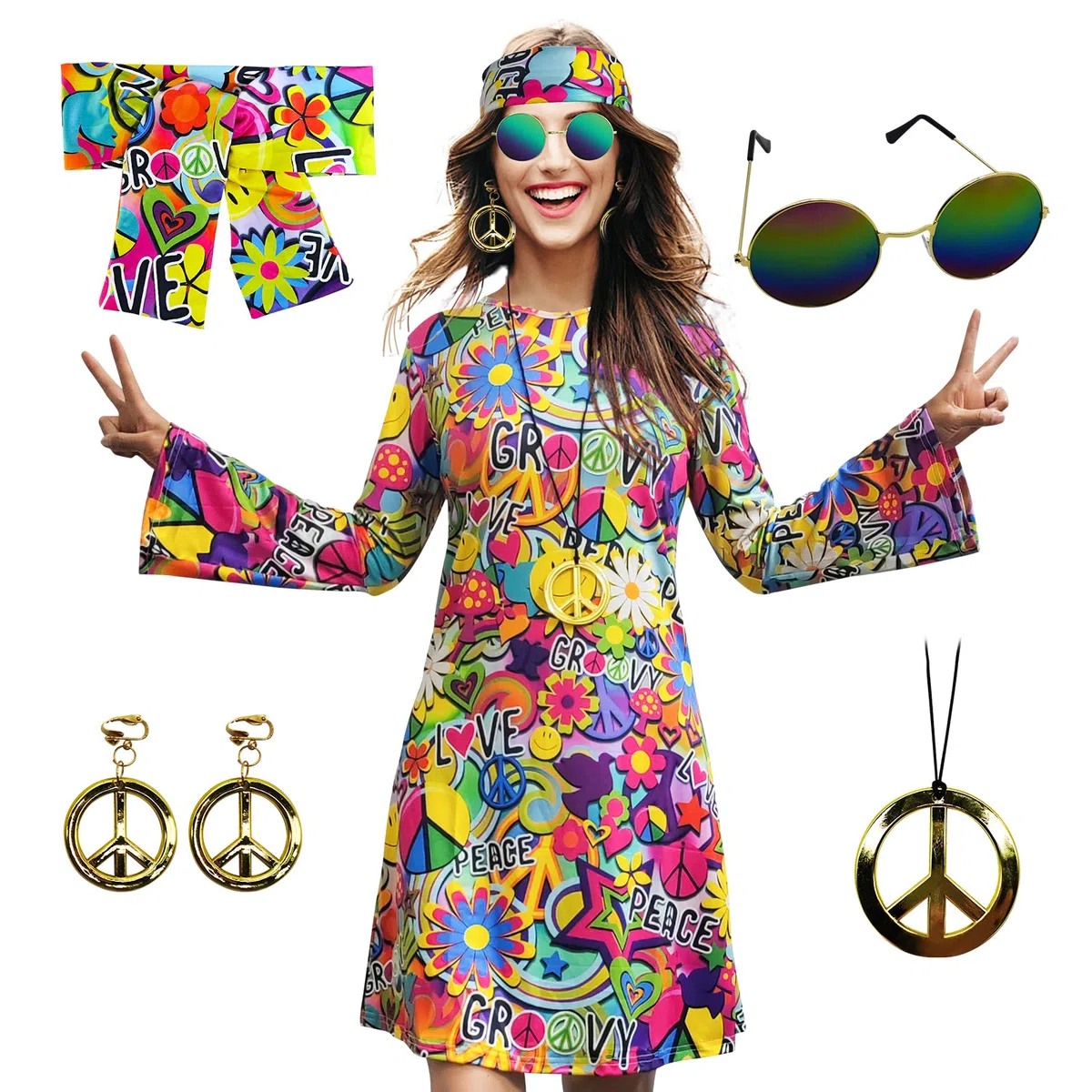 Robe hippie des années 70, collier, boucles d'oreilles, lunettes de soleil, tenue disco pour femme, costume de fête des années 60, robes rétro d'Halloween
