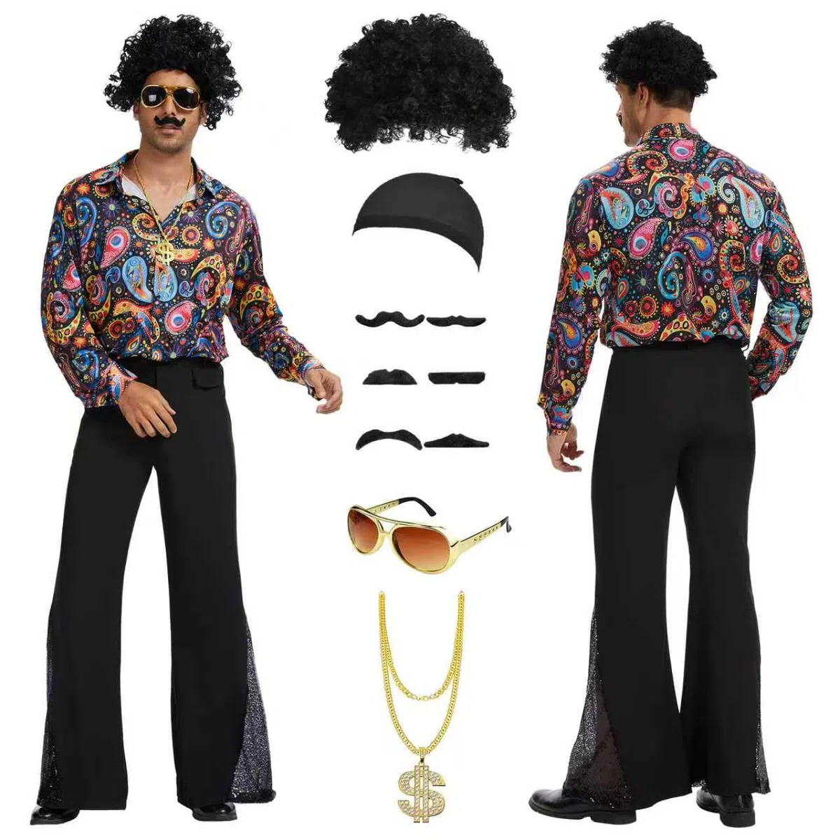 Costume disco pour homme, tenue hippie des années 70 avec perruque afro et accessoires, chemise de fête rétro des années 1970, robe de fantaisie disco des années 80 pour Halloween