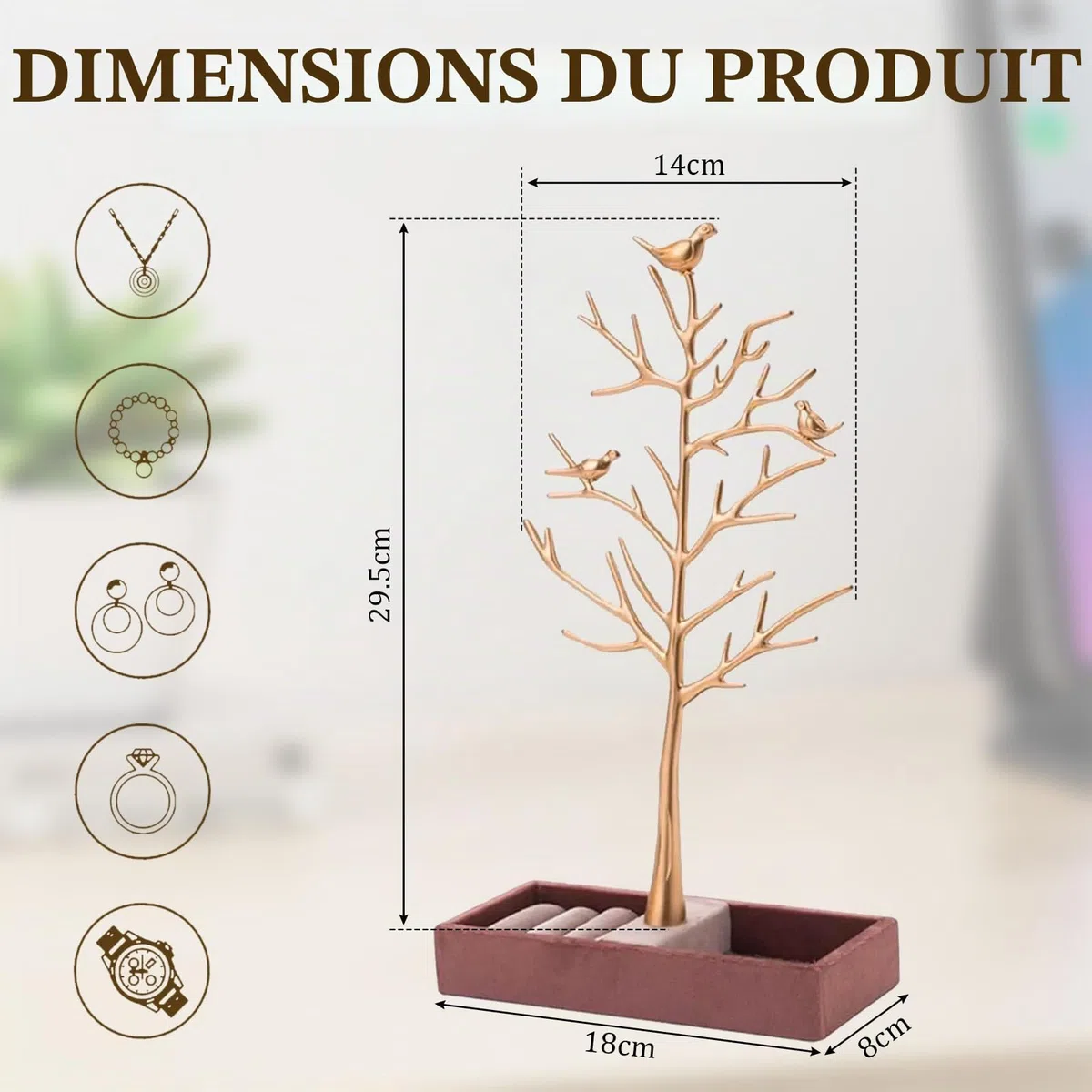 Porte Bijoux Presentoir Arbres, Range Bijoux Femme Arbre, Présentoir à Boucle d'Oreilles avec Plateau, Présentoir Bijoux Arbre pour Boucles d'Oreilles, Colliers, Bracelets, Bagues (Or)