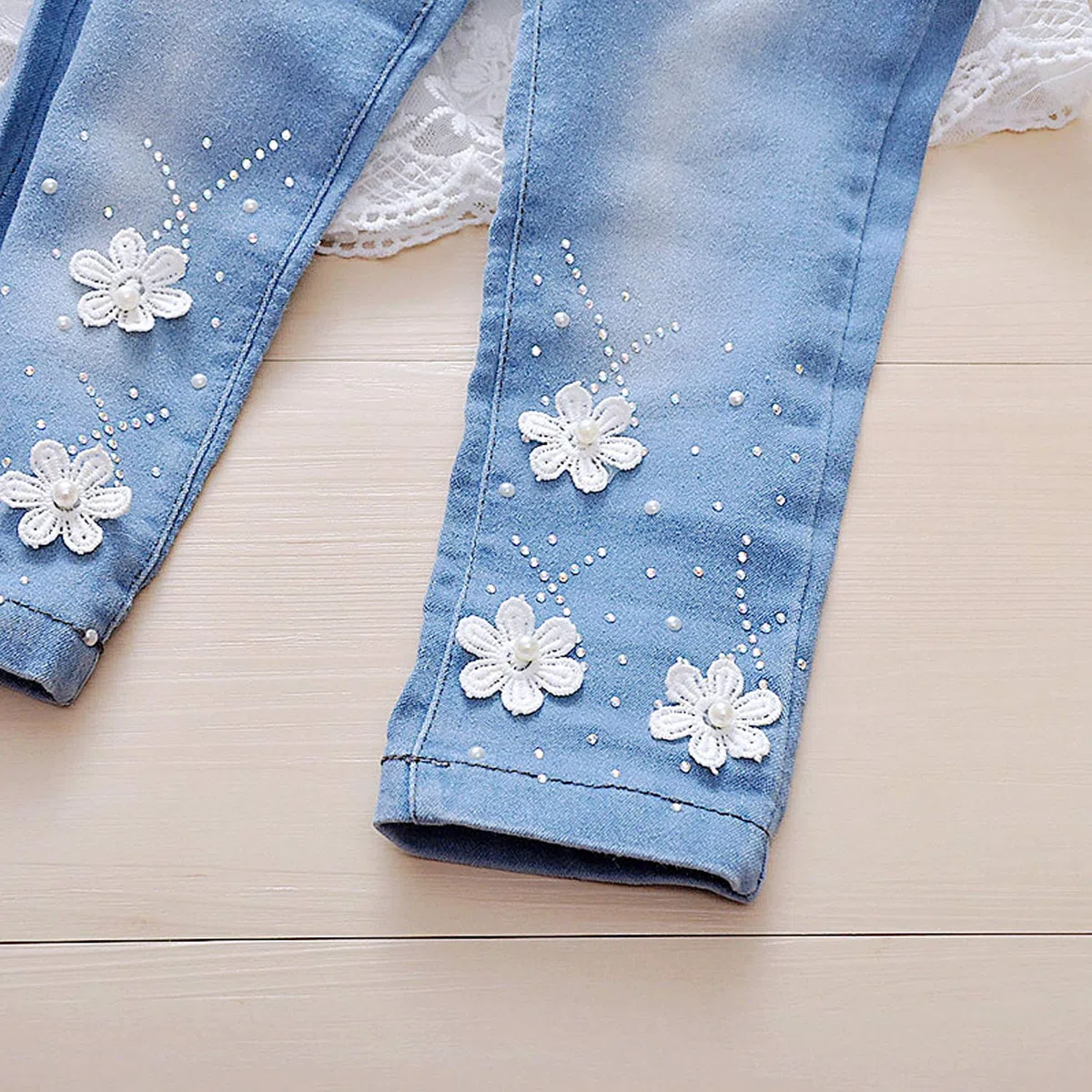 Ensemble Bébé Fille Printemps Automne Tenue en Jeans Enfant Fillette Casual Haut T-shirt Robe à Volant + Veste Pantalon en Denim Motif Fleur 3D Vêtement Naissance Lot de 3