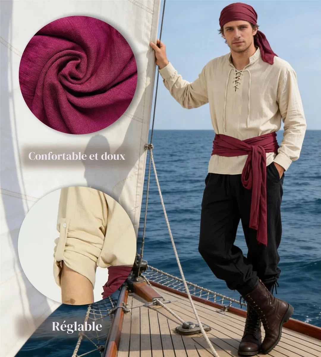Ginkago Deguisement Pirate Homme et Femme avec Ceinture Bandana Cache Oeil Pirate Costume Chemise Pirate Homme pour Adulte Halloween Carnaval Anniversaire